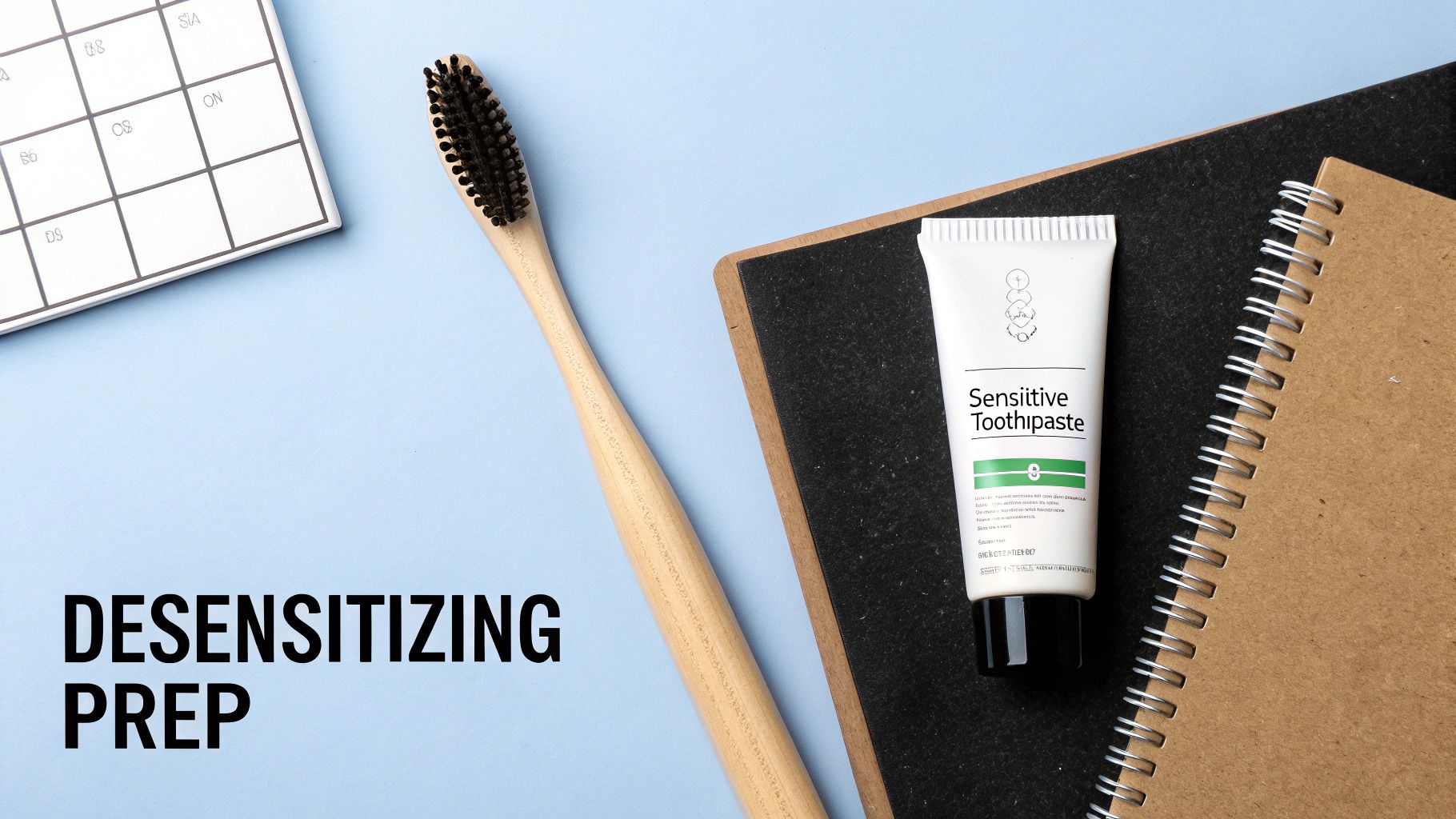 Bamboo toothbrush, sensitive toothpaste, and notebooks on a blue desk for desensitizing prep.
