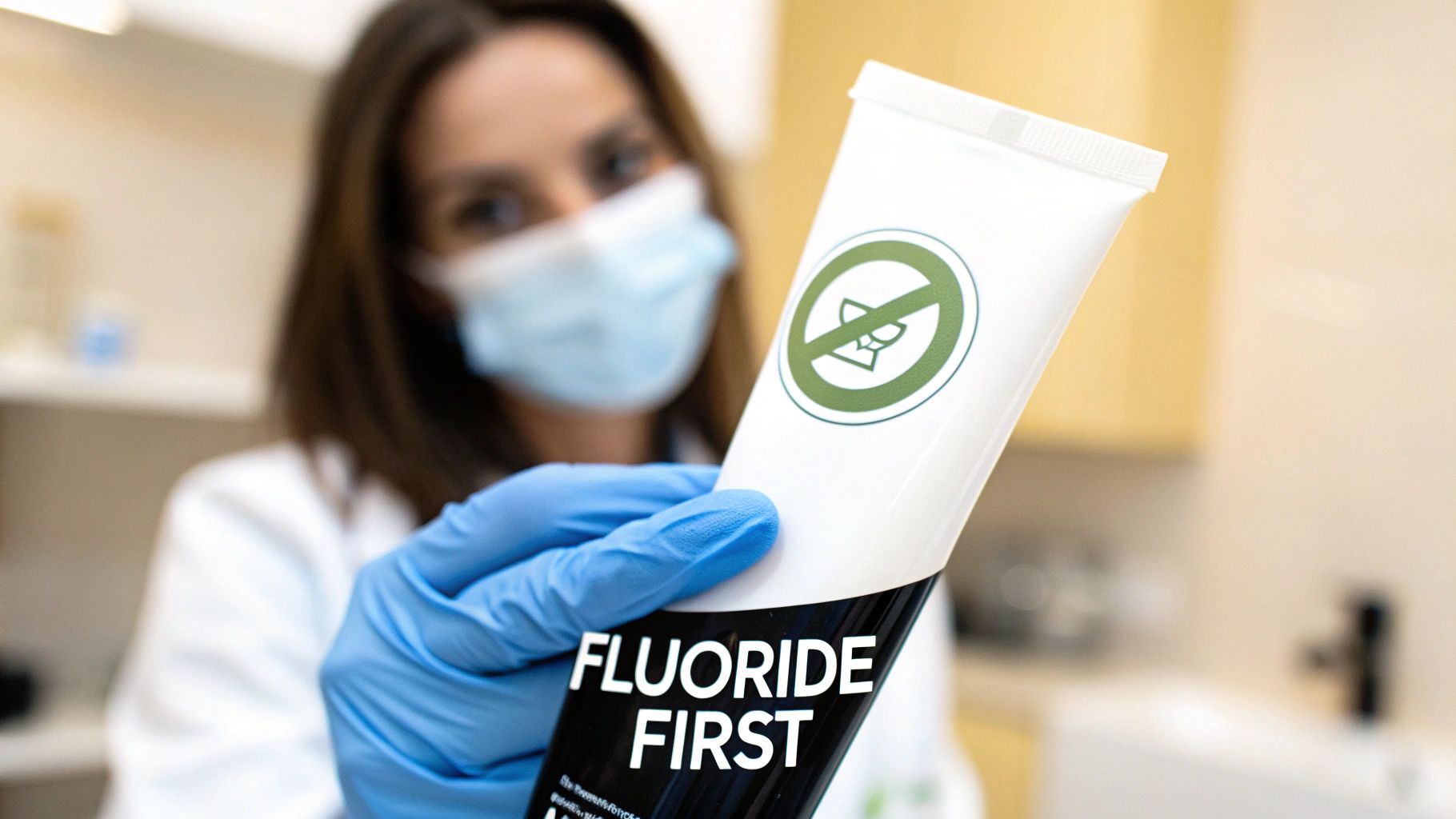 A masked person in blue gloves holds a toothpaste tube with 'FLUORIDE FIRST' written on it.