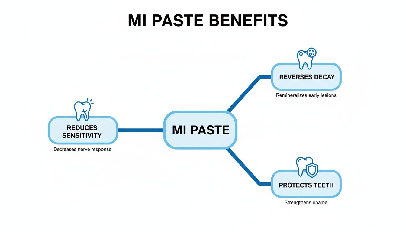 A diagram showing MI Paste benefits: reduced sensitivity, reversed decay, and strengthened enamel.