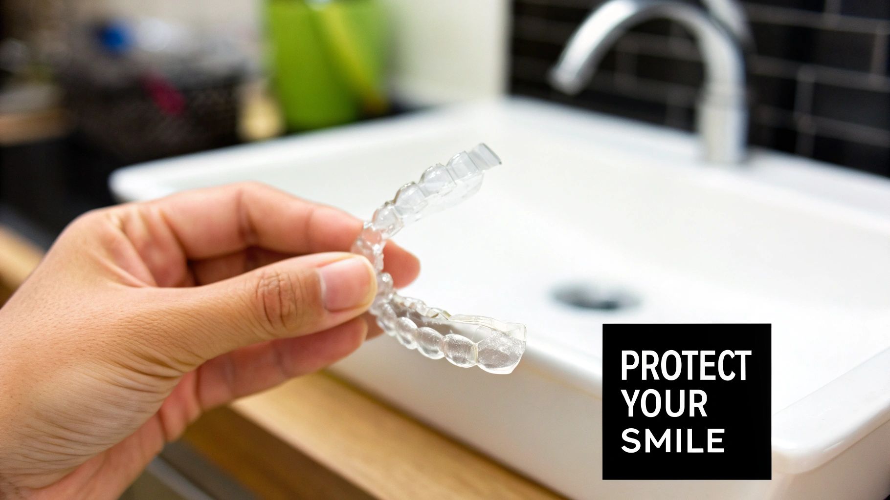 A hand holds a clear dental aligner or retainer over a bathroom sink, promoting oral health.