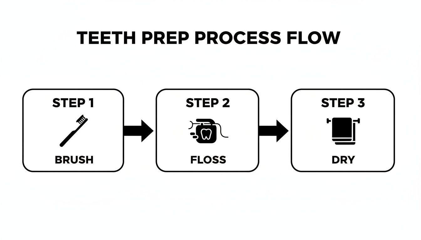 A simple flow chart outlining three steps for teeth preparation: brush, floss, and dry.