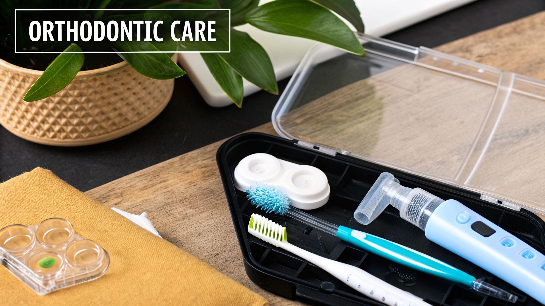 A close-up of various orthodontic care items, including toothbrushes and a dental flosser.