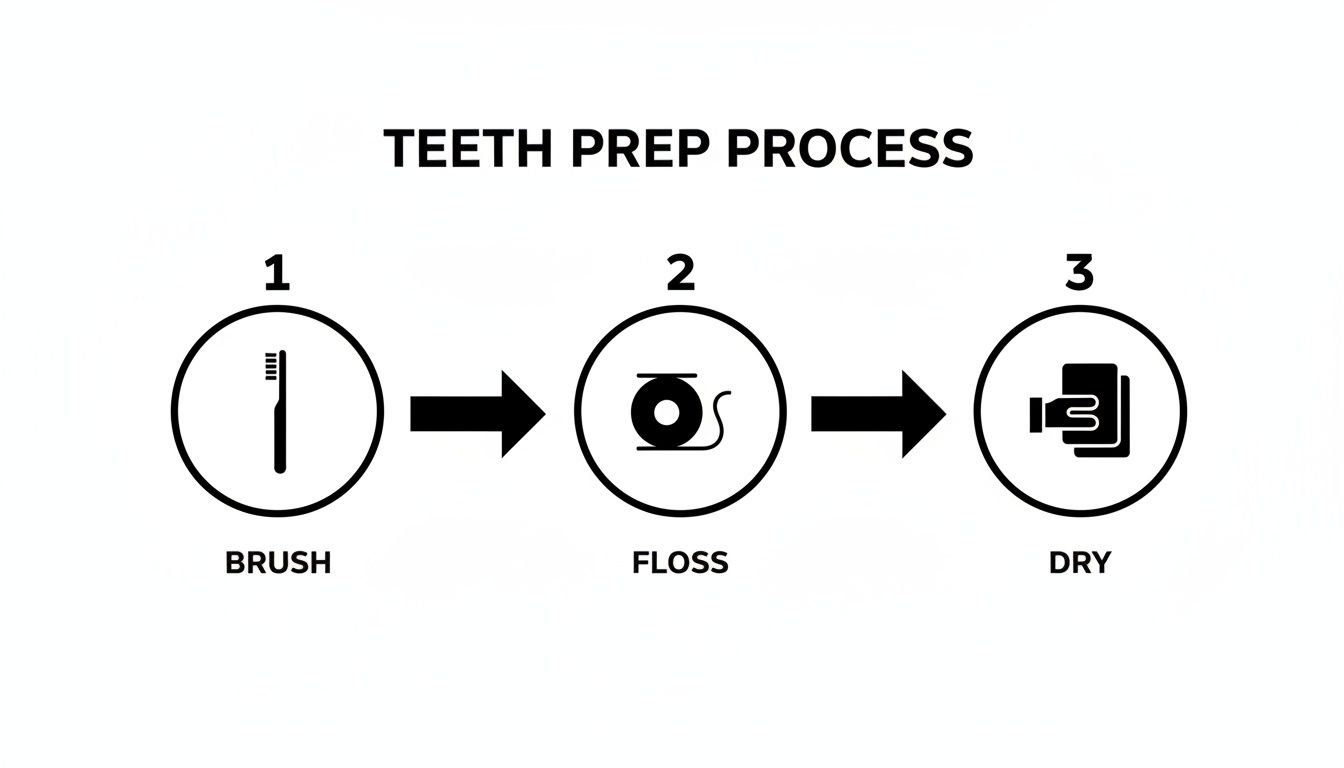 A diagram illustrating a three-step teeth preparation process: brush, floss, and dry, with corresponding icons.