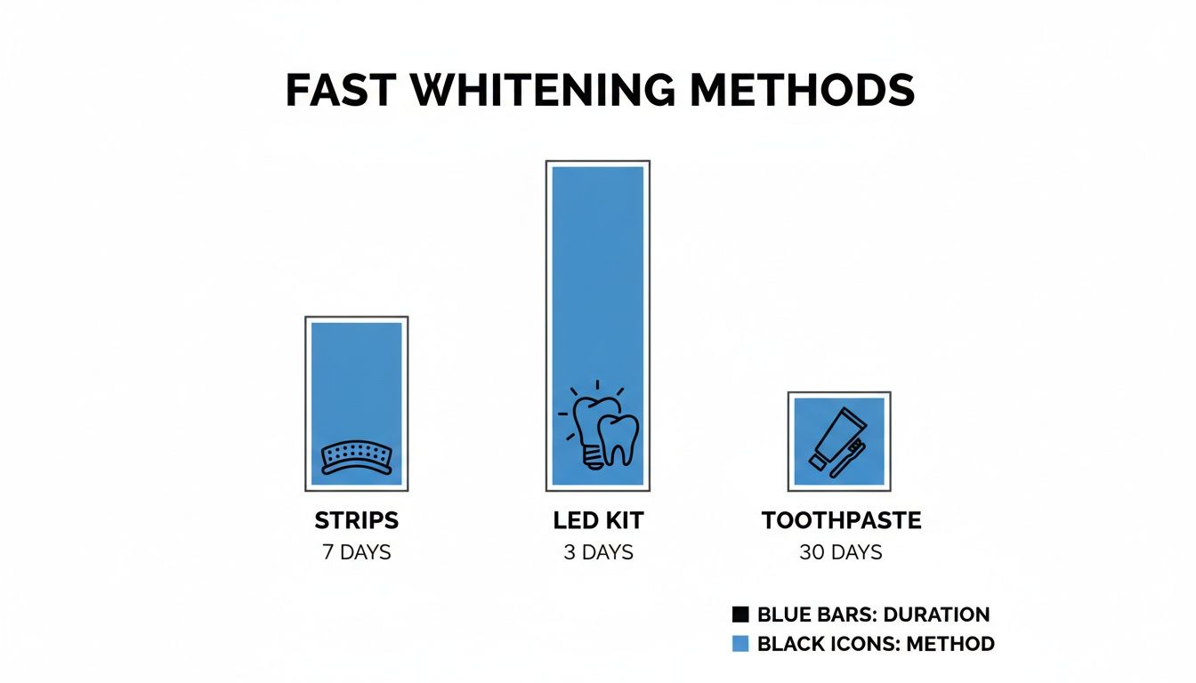Bar chart showing fast teeth whitening methods and their durations: LED Kit (3 days), Strips (7 days), Toothpaste (30 days).