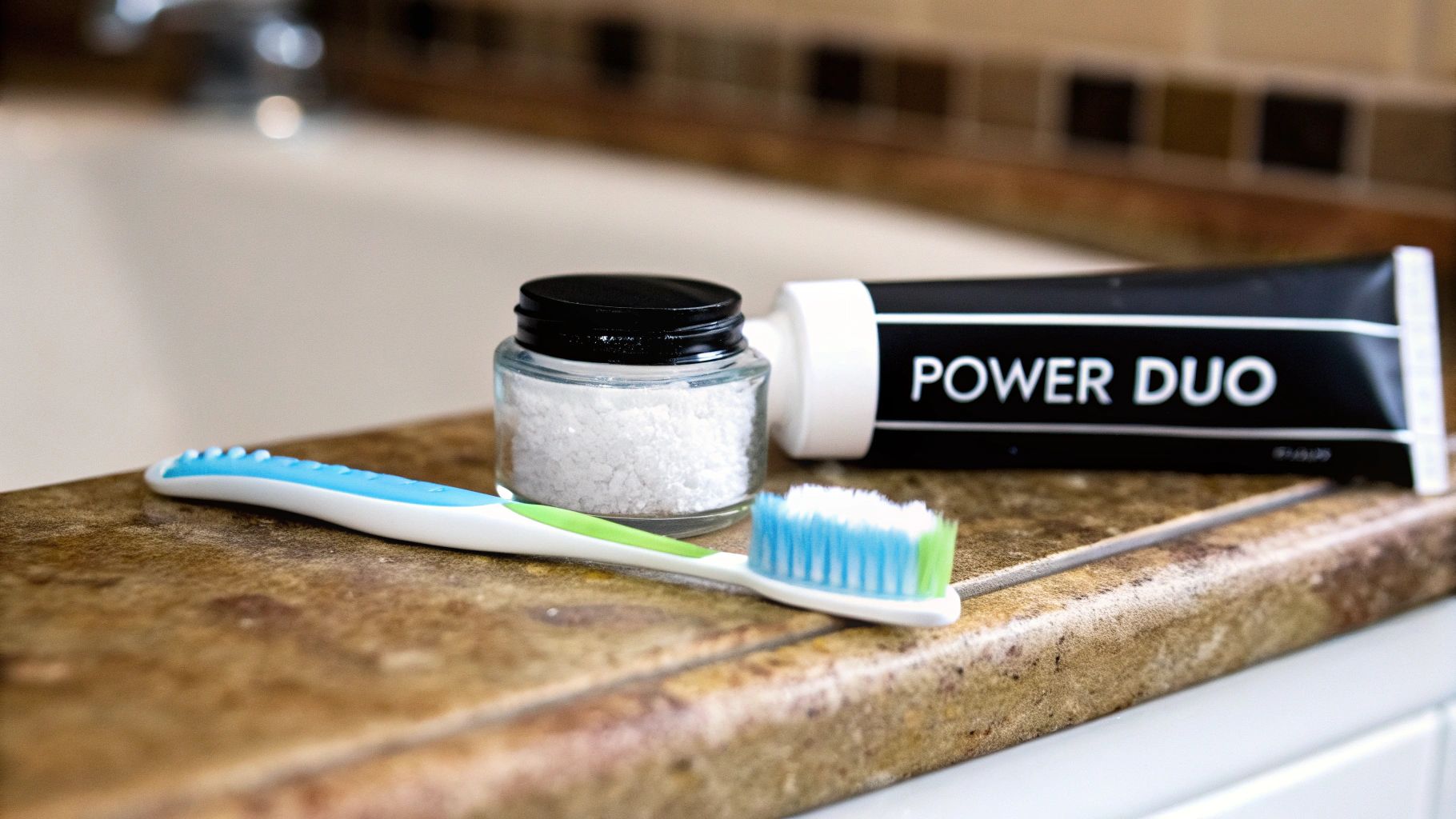 Close-up of a toothbrush, tooth powder jar, and POWER DUO toothpaste on a bathroom counter.