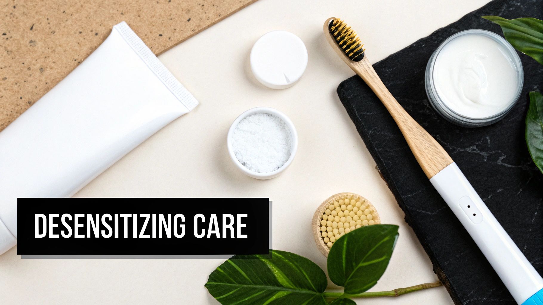 Flat lay of desensitizing dental care products: toothpaste, tooth powder, bamboo toothbrush, and tooth cream.