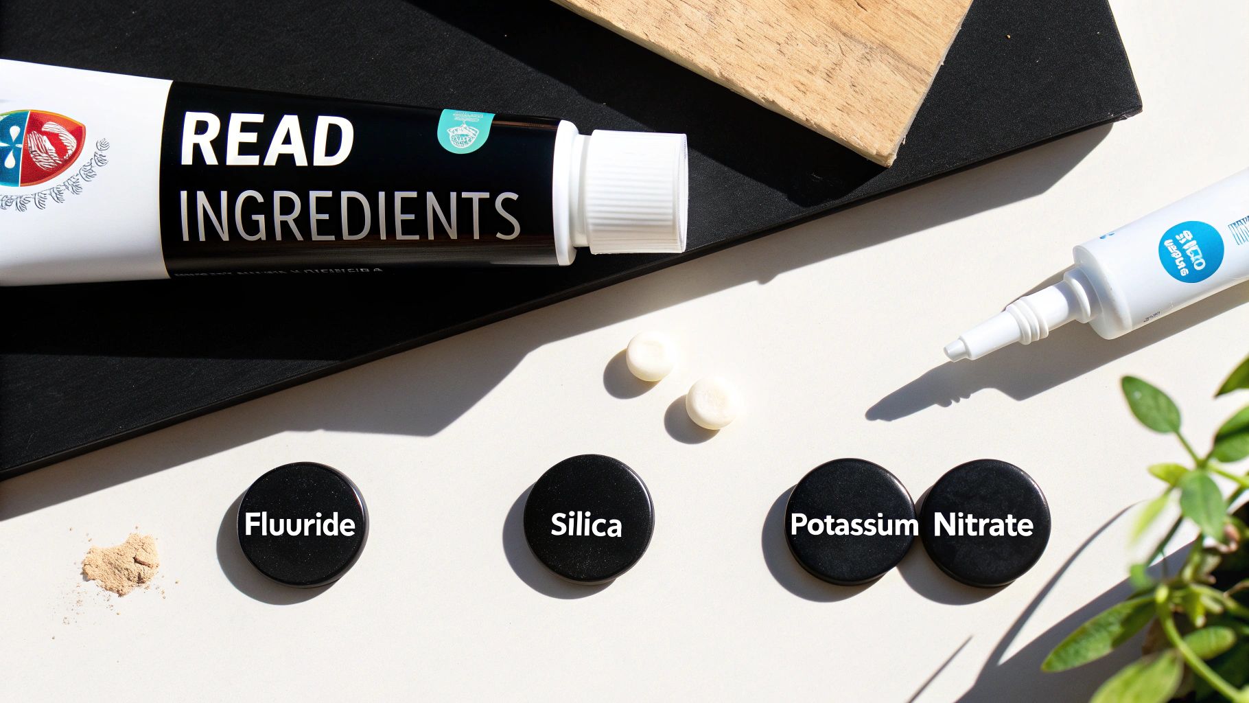 A flat lay of toothpaste ingredients including fluoride, silica, and potassium nitrate, next to a tube.