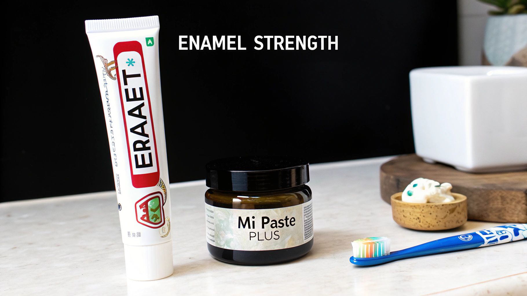 Dental care products including toothpaste, Mi Paste Plus, and a toothbrush promoting enamel strength.