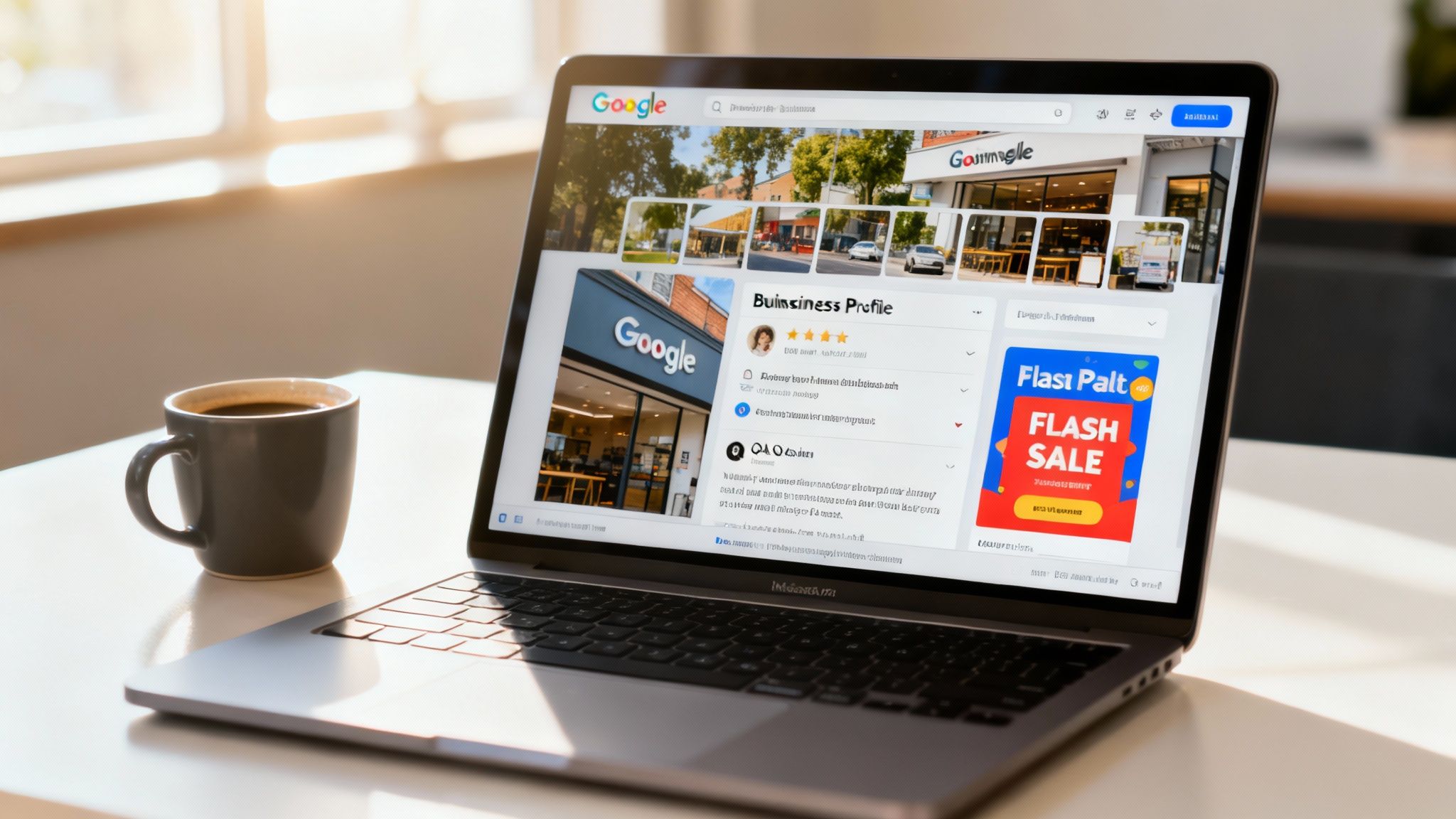 An example of a Google Business Profile, showing photos, reviews, and business information
