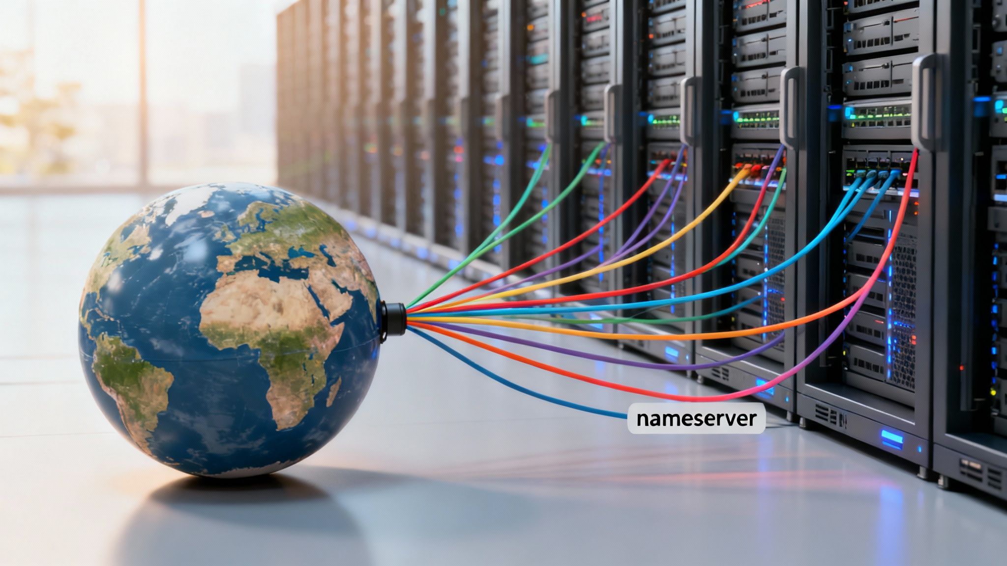 A visual representation of DNS connecting a domain name to a hosting server.