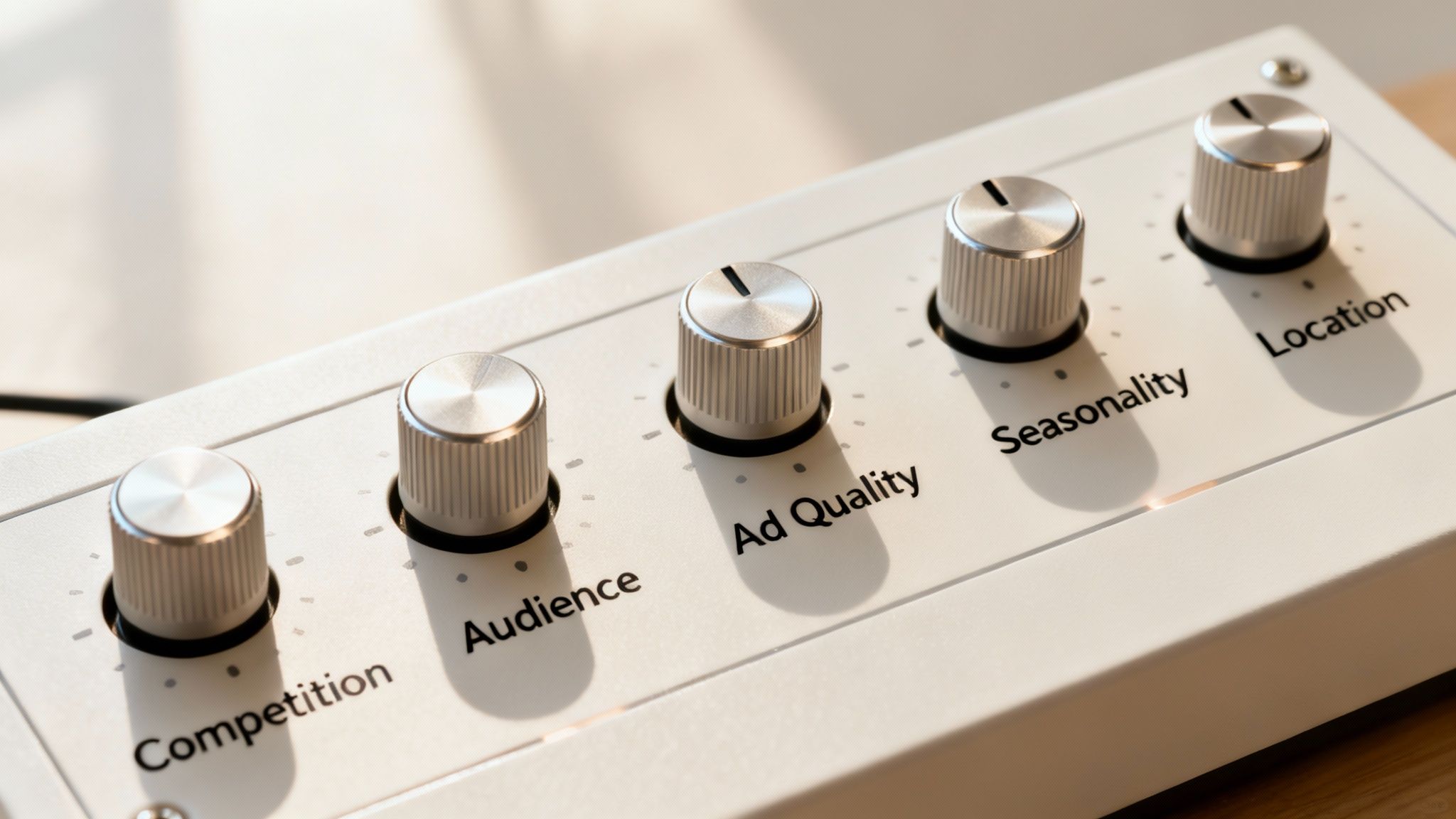 A magnifying glass hovering over a bar chart, symbolizing the analysis of advertising cost factors.