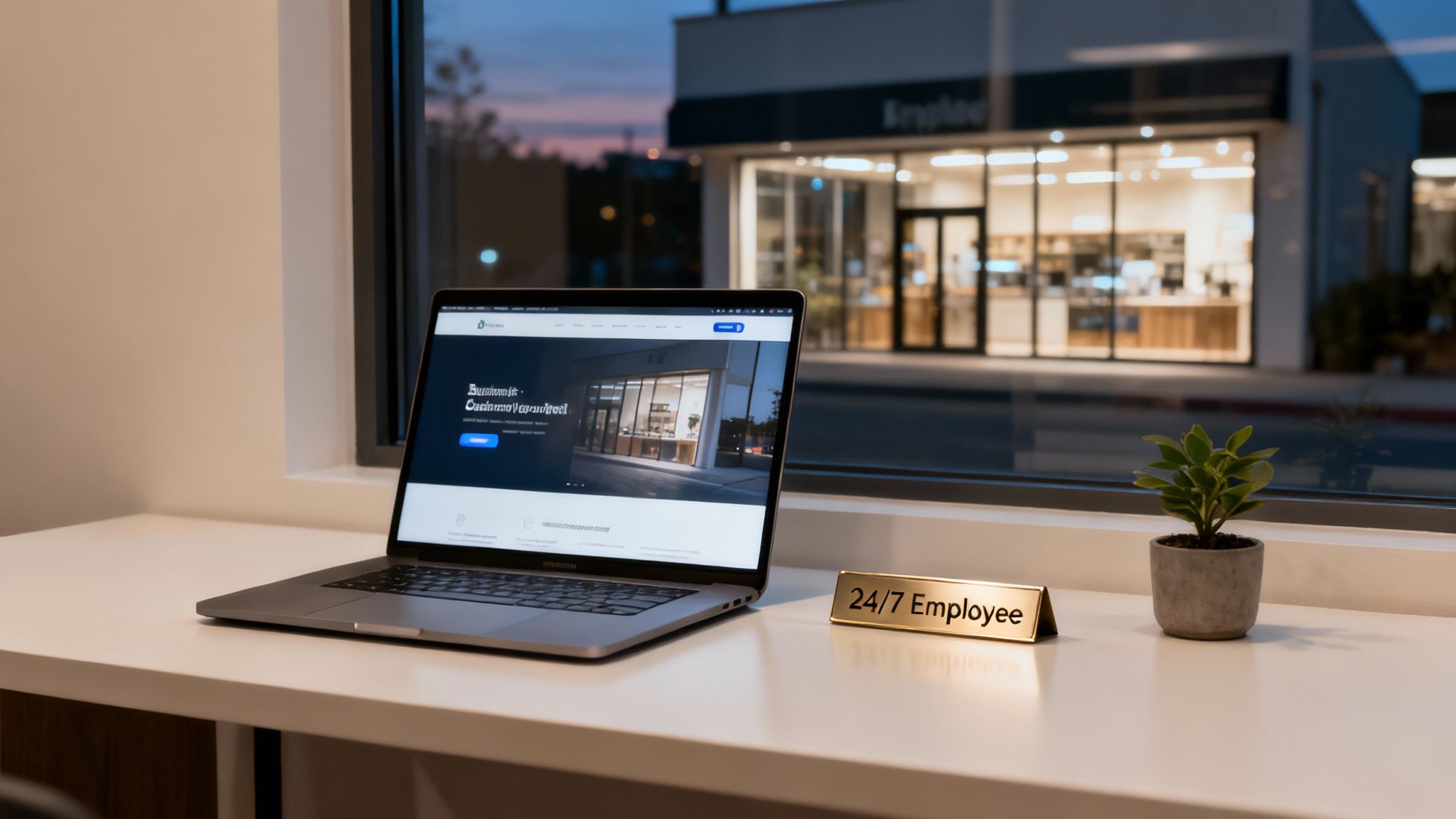 Modern laptop displaying web design website on desk with employee sign and office view