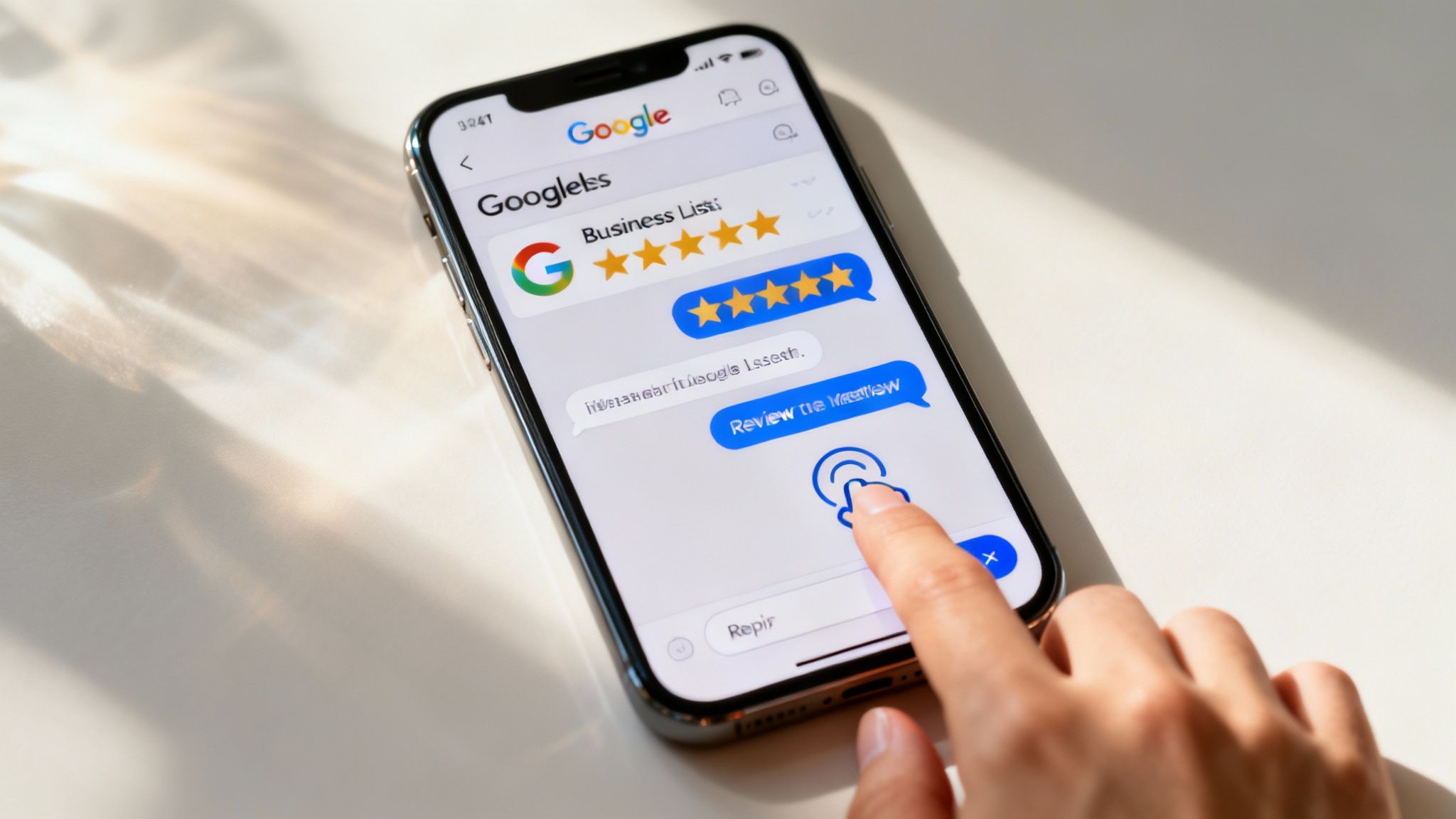 A person holding a smartphone showing a five-star review for a local business, with a cafe background.