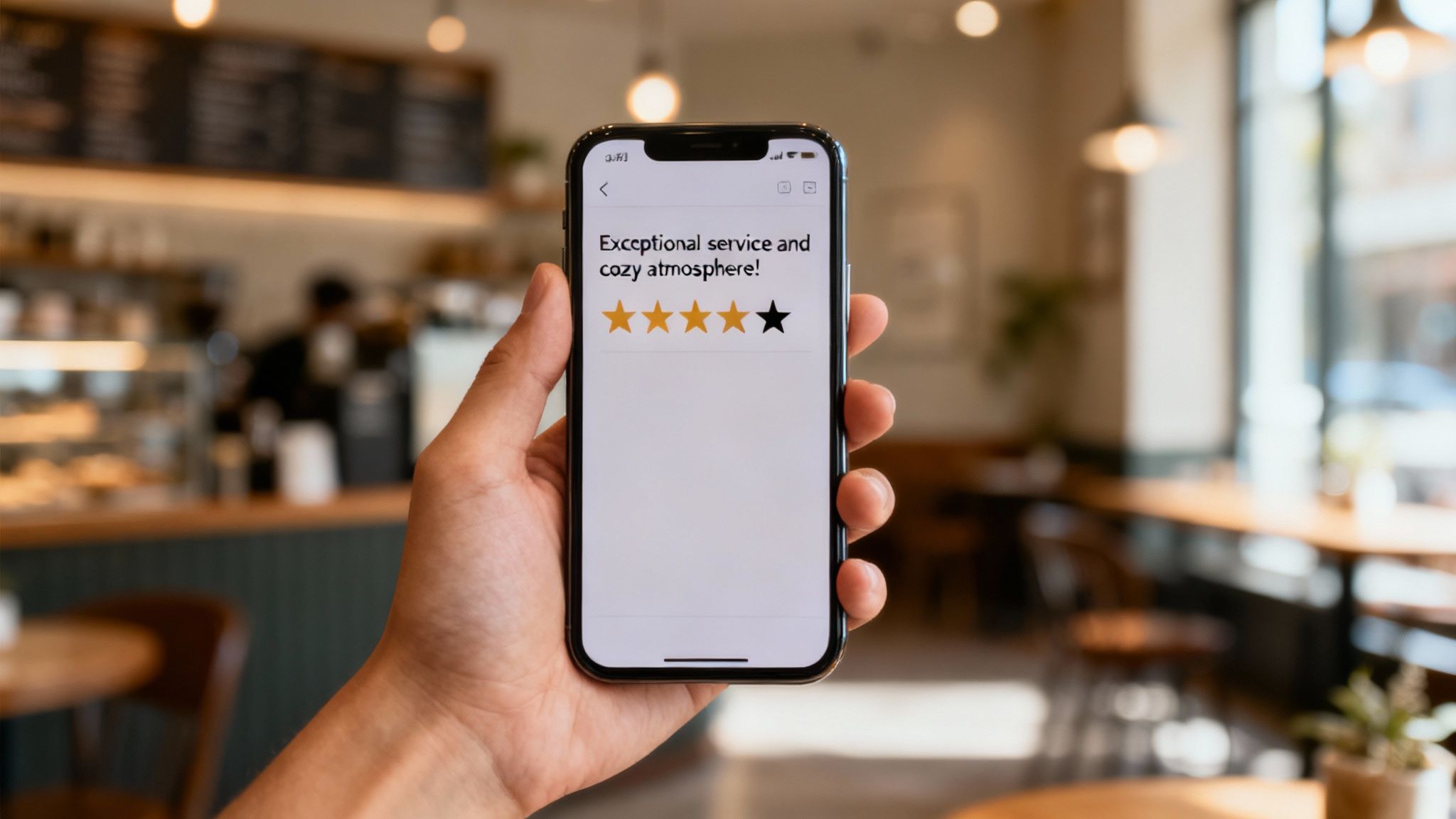 A customer leaving a positive five-star review on their smartphone.