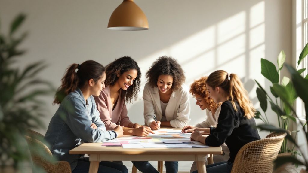 A diverse group of colleagues collaborating around a table in a modern office.