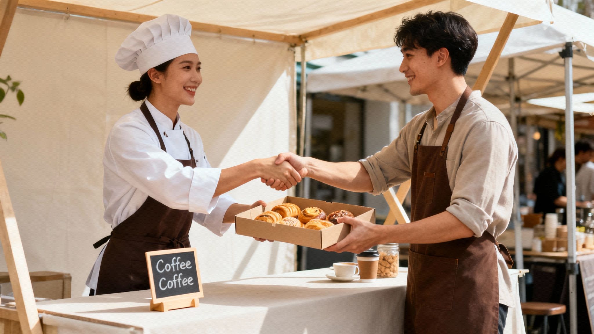 Two local business owners shaking hands in front of their shops.