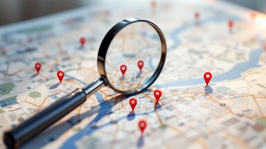 A person using their smartphone to search for local businesses, with map pins and store icons visible on the screen.