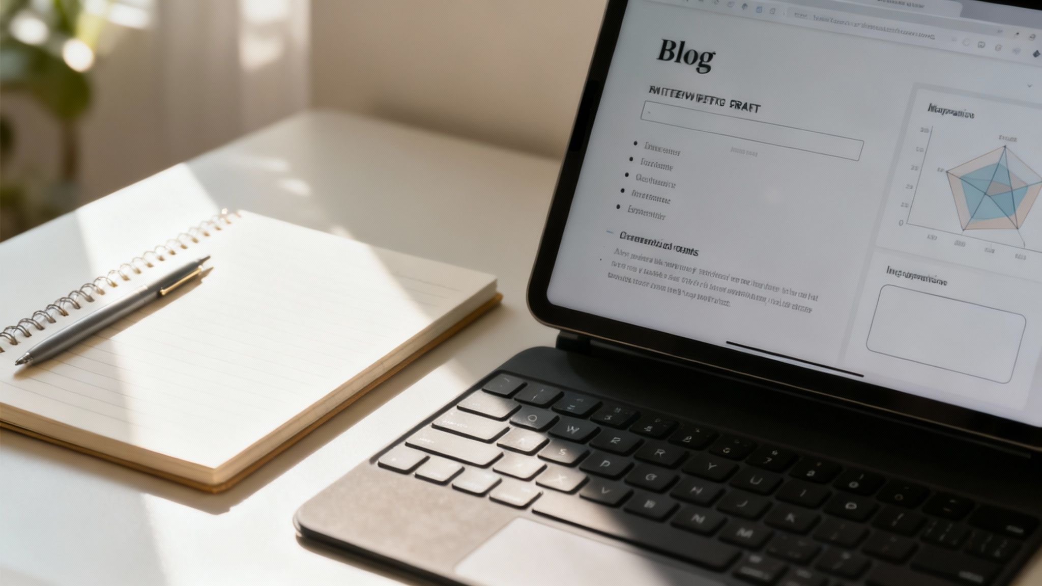 A person writing in a notebook at a desk with a laptop and coffee, symbolizing content creation.