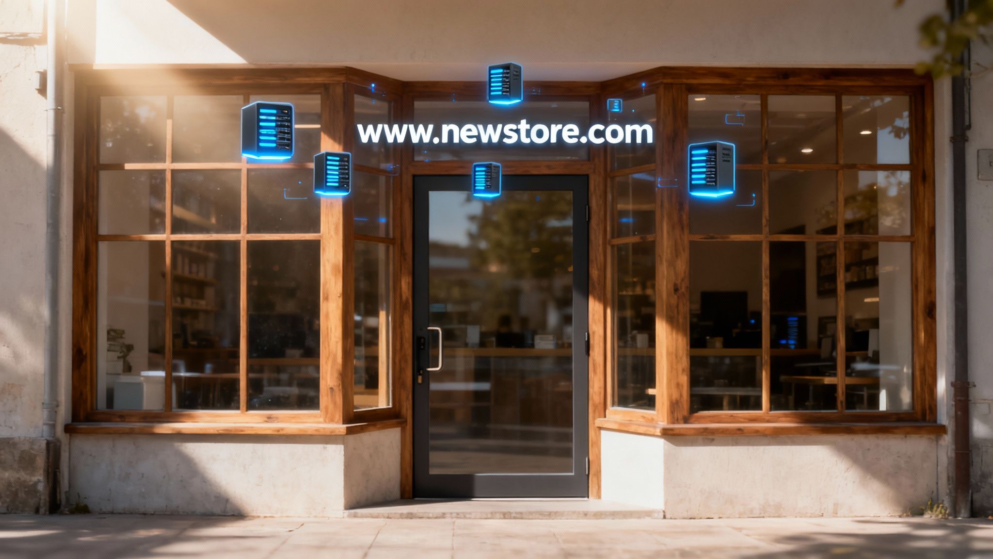 A person working on a laptop with website design elements floating around them.