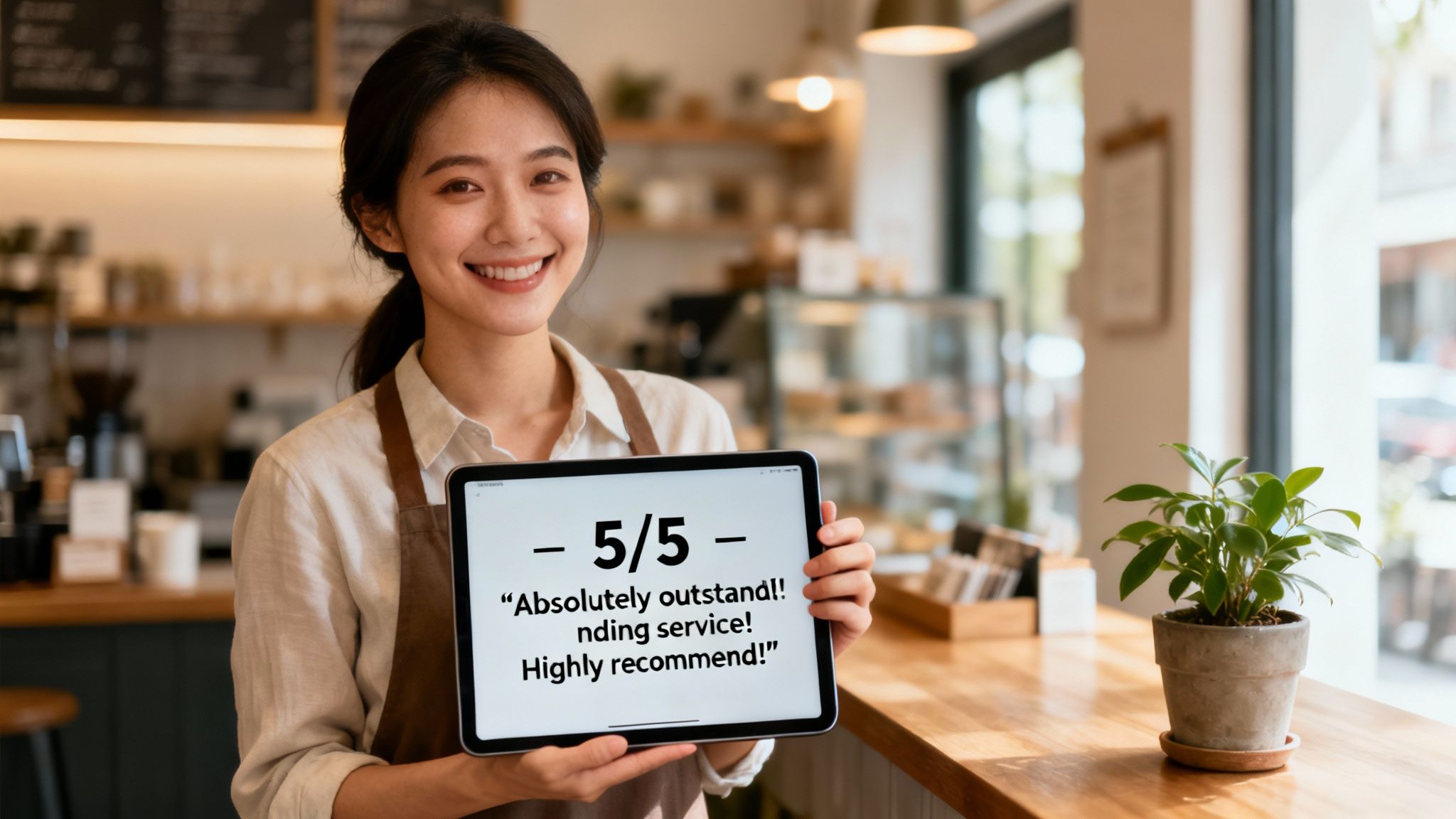 Image of five gold stars floating above a smartphone, symbolizing positive online reviews and customer satisfaction.