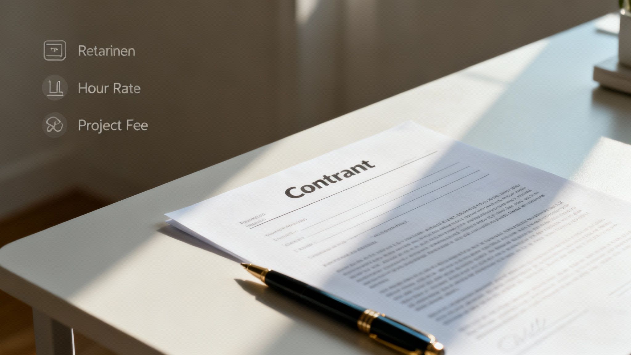 A person signing a contract on a desk with a laptop and coffee, symbolizing agreement on agency terms.