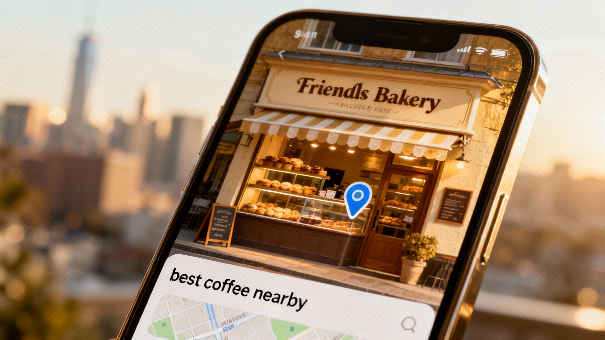 A person using a smartphone to search for local businesses, with map pins indicating nearby shops
