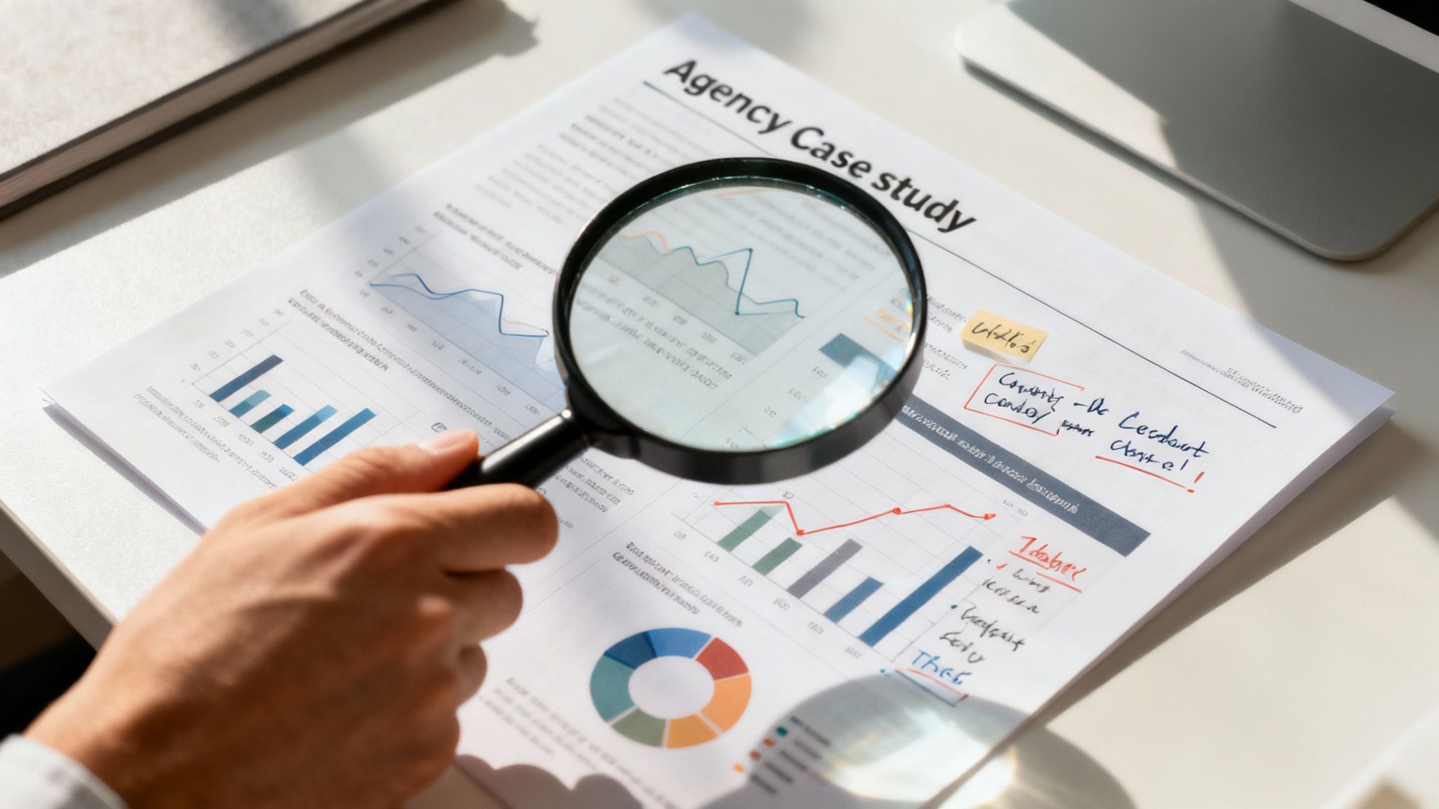 A magnifying glass hovering over a computer screen, symbolizing the process of vetting an agency's digital expertise.
