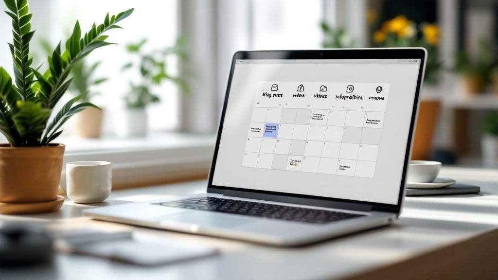 A person working on a laptop at a creative desk with various digital marketing icons floating around.