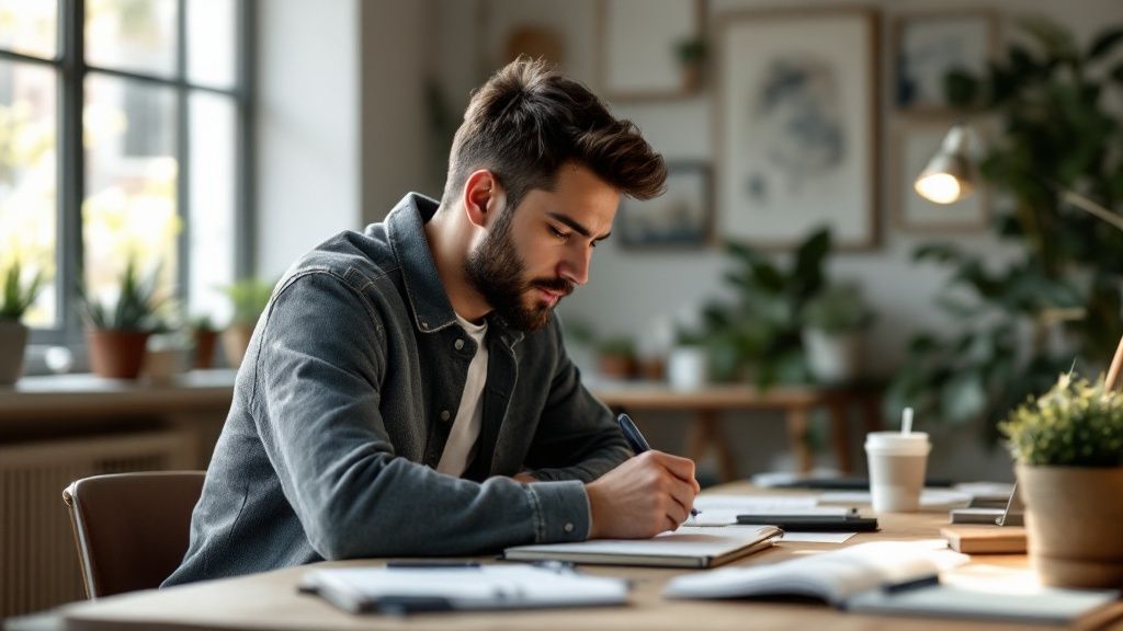 A person sketching out a business idea on a whiteboard with sticky notes.