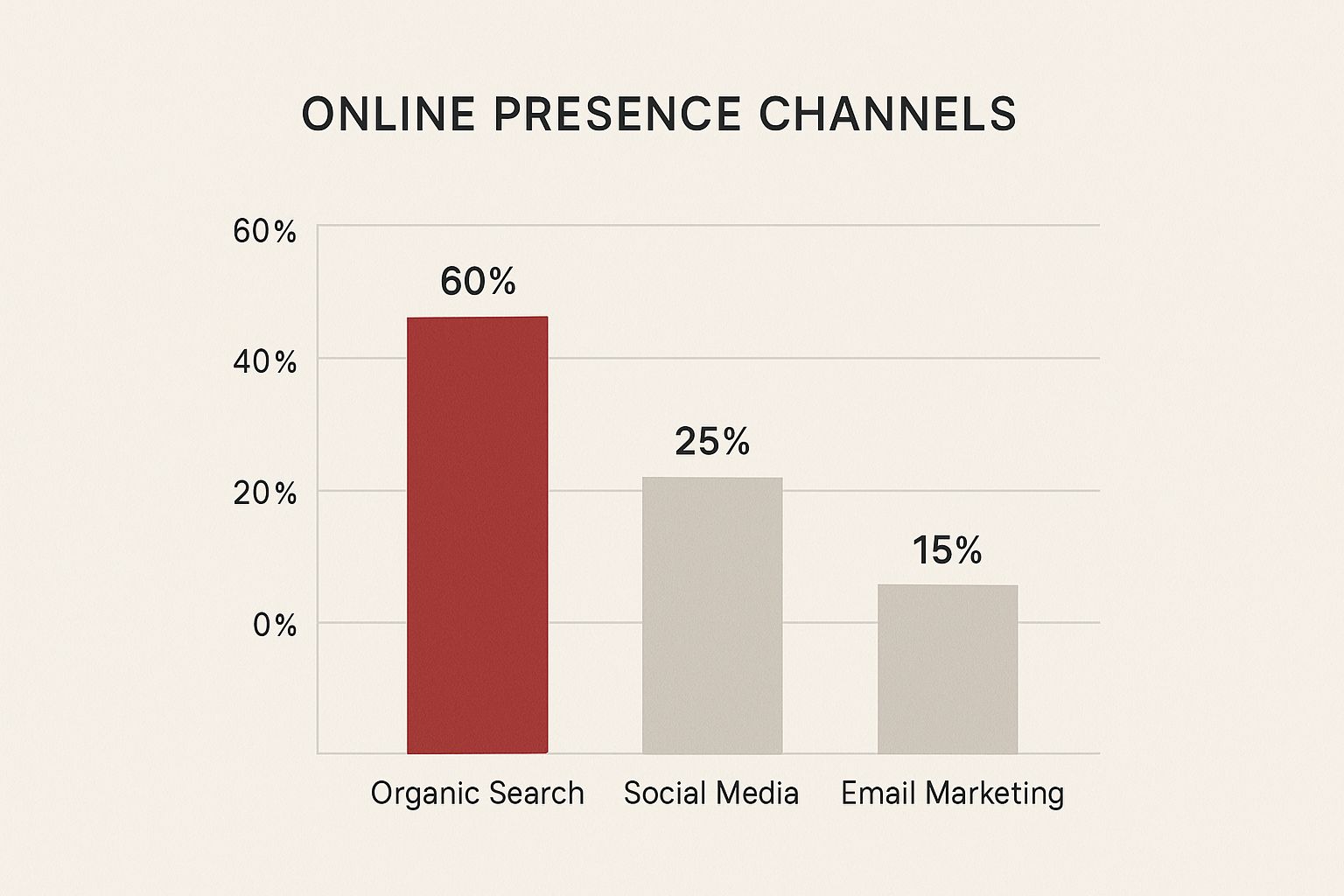 Infographic comparing traffic from Organic Search (60%), Social Media (25%), and Email Marketing (15%) for startups.