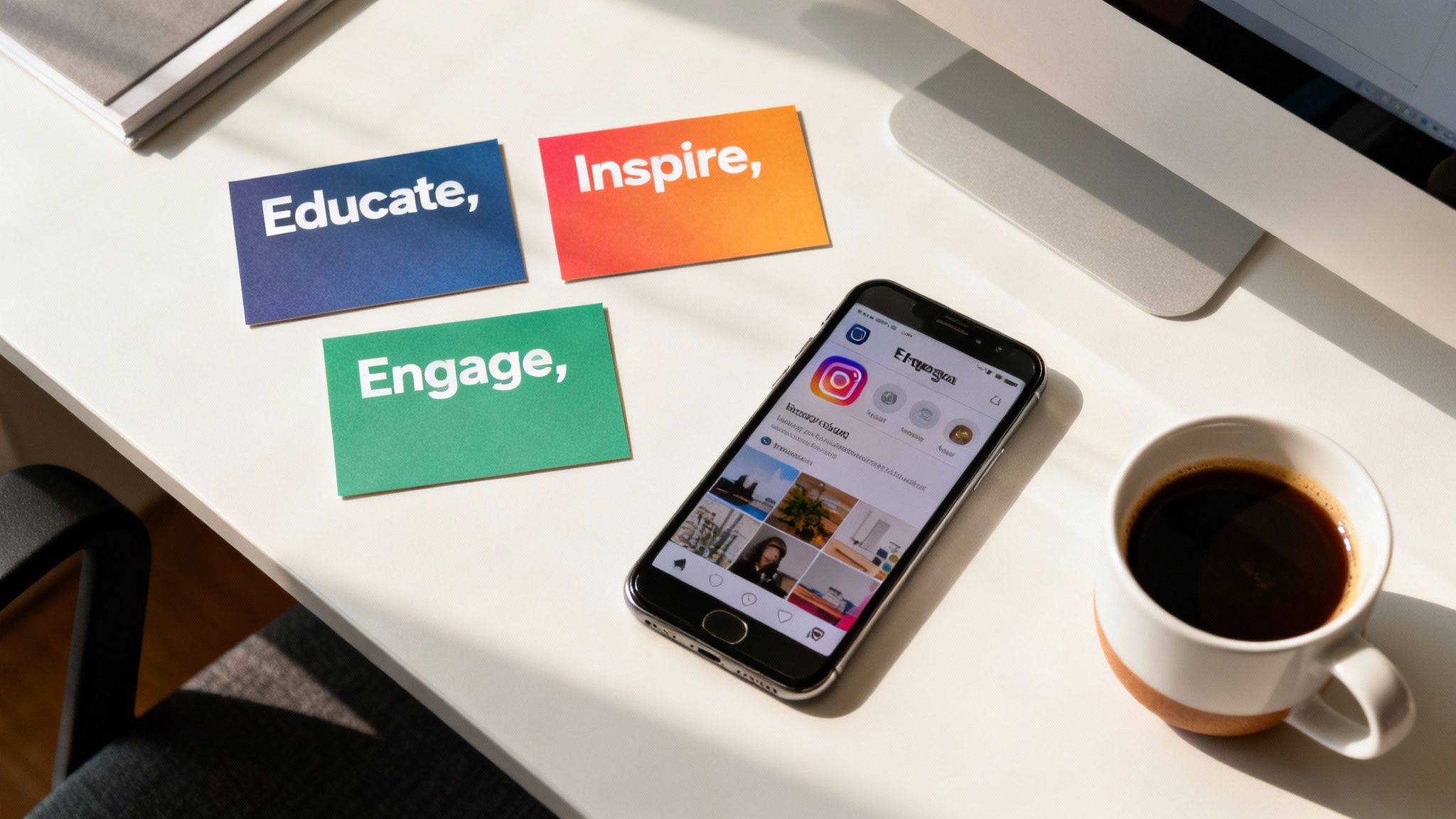 A content creator planning their Instagram grid on a desk with a laptop, notebook, and coffee, representing a thoughtful strategy.