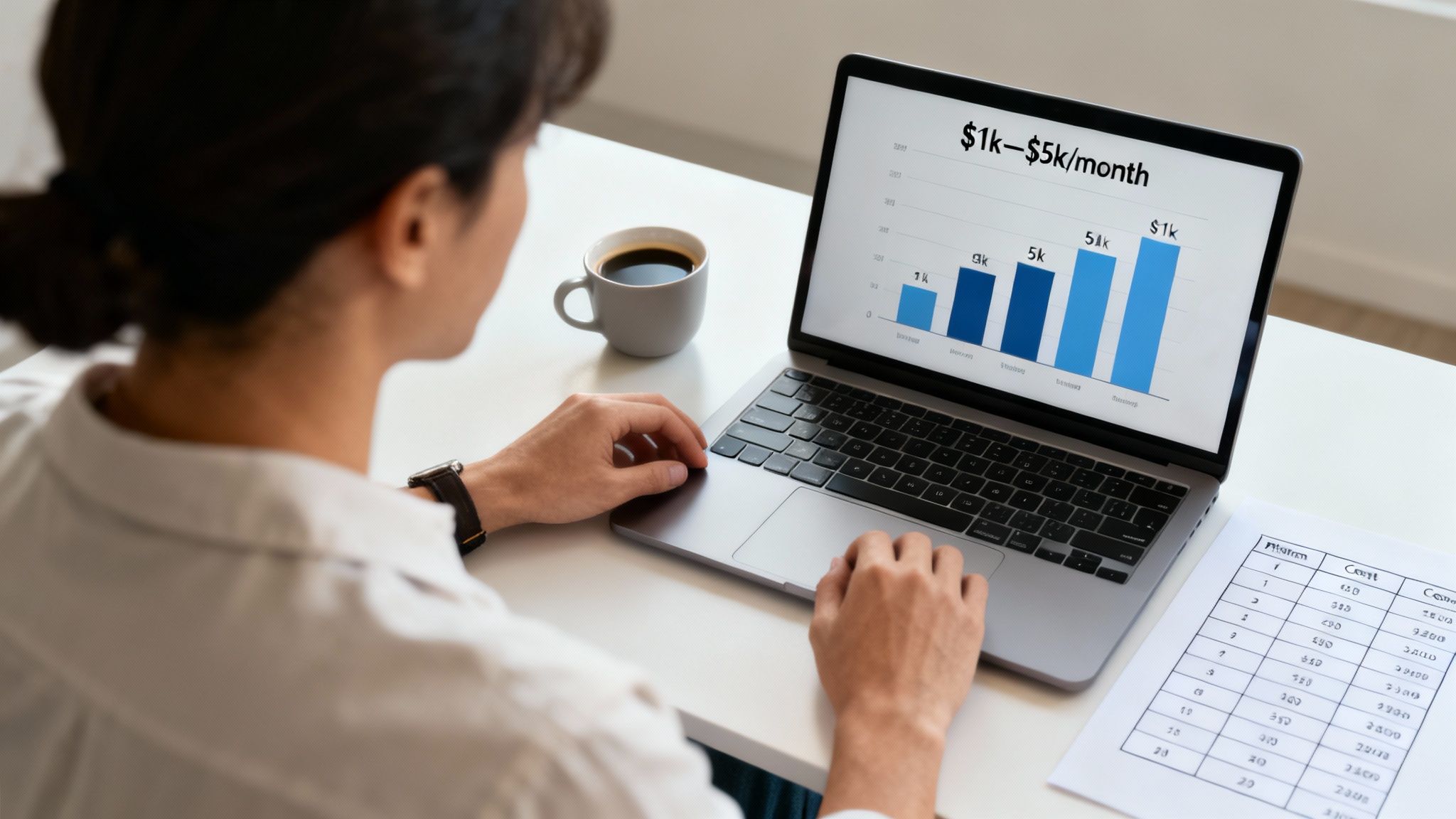 A person pointing at a tablet screen showing colorful marketing analytics charts and graphs.