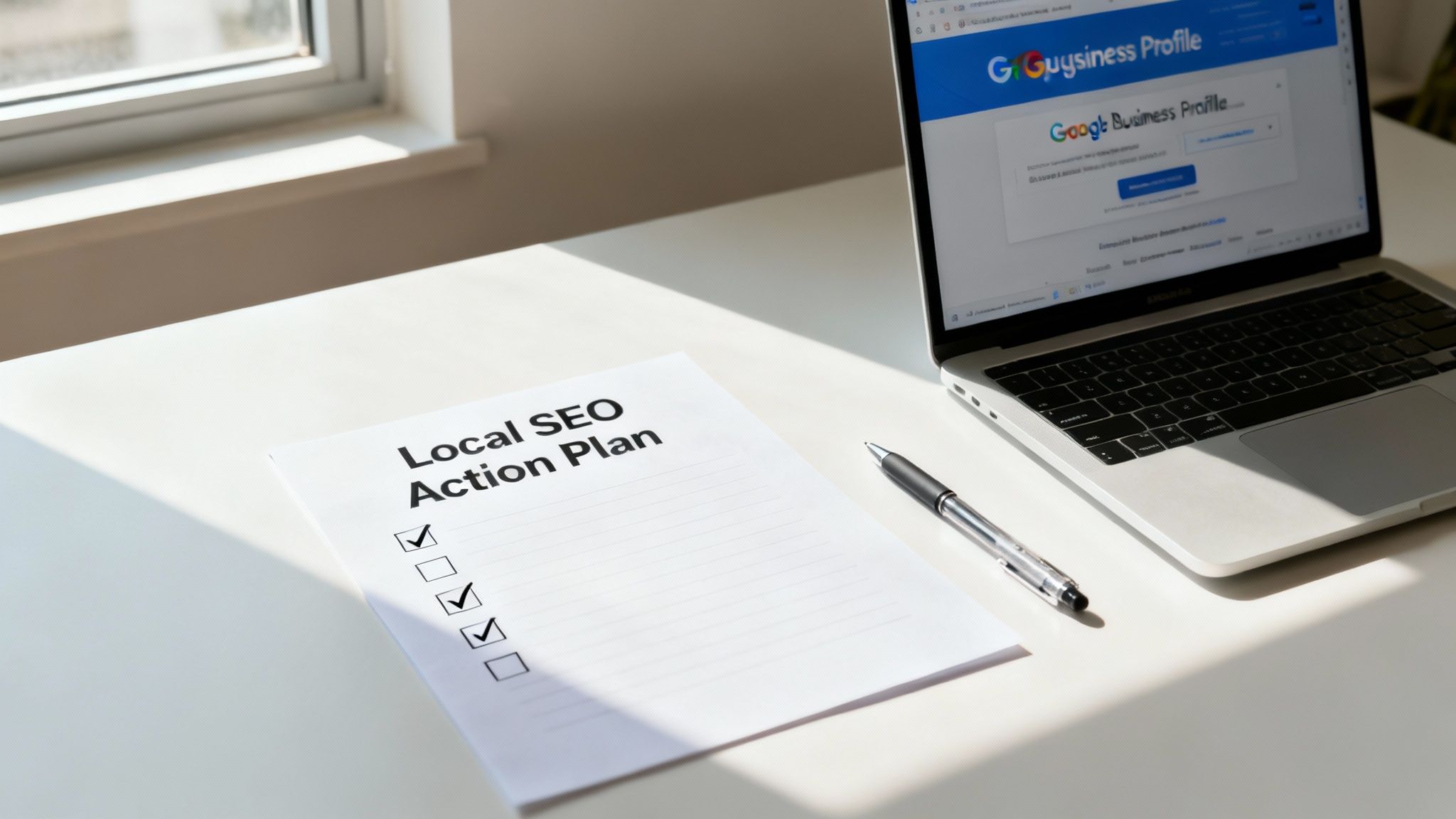 A person using a laptop to create a local SEO action plan.