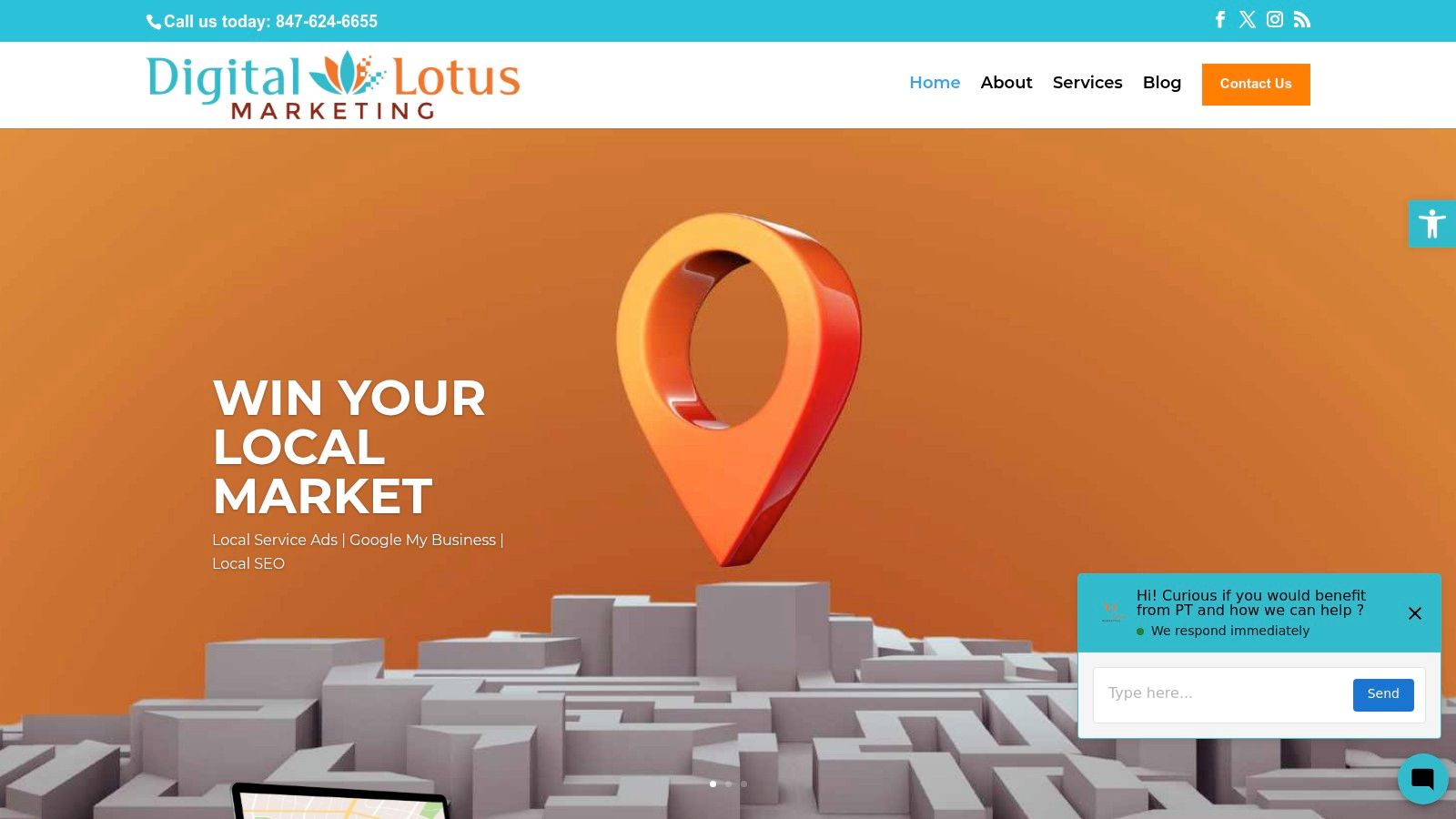 A screenshot of the Digital Lotus Marketing website homepage, showing a clean design and clear navigation for their services.