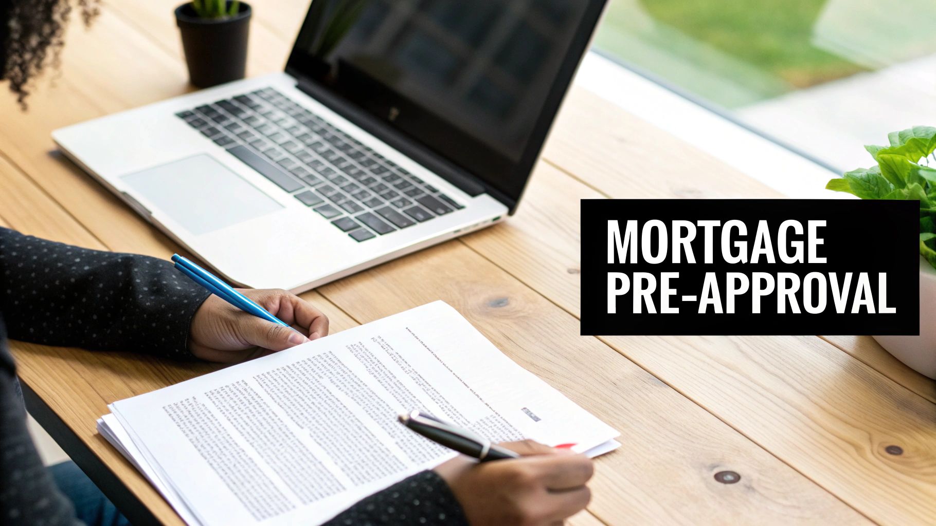 A person signs 'Mortgage Pre-Approval' documents at a wooden desk with a laptop.