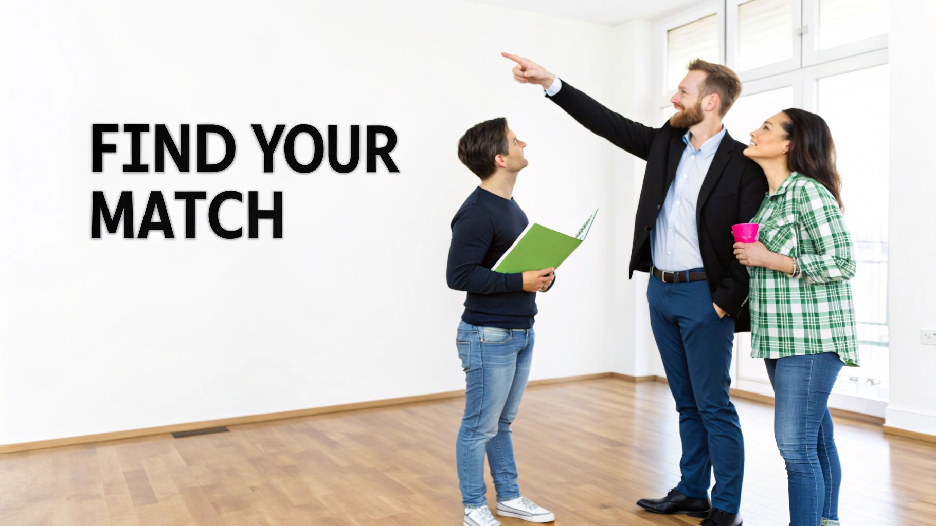 A real estate agent points out features to a couple looking for a house, with 'FIND YOUR MATCH' on the wall.