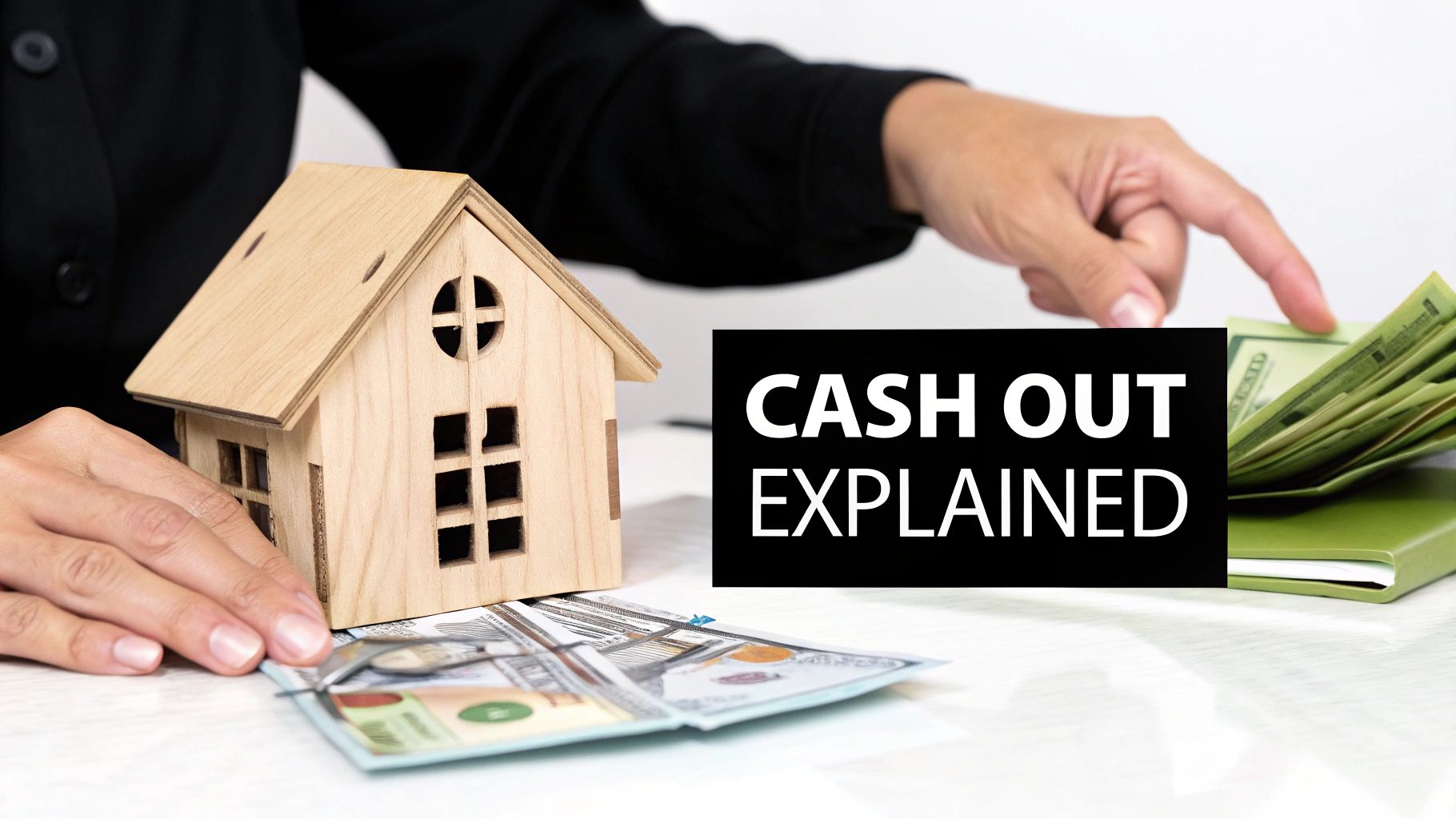 Hands, a wooden house model, and cash on a table next to a 'Cash Out Explained' sign.