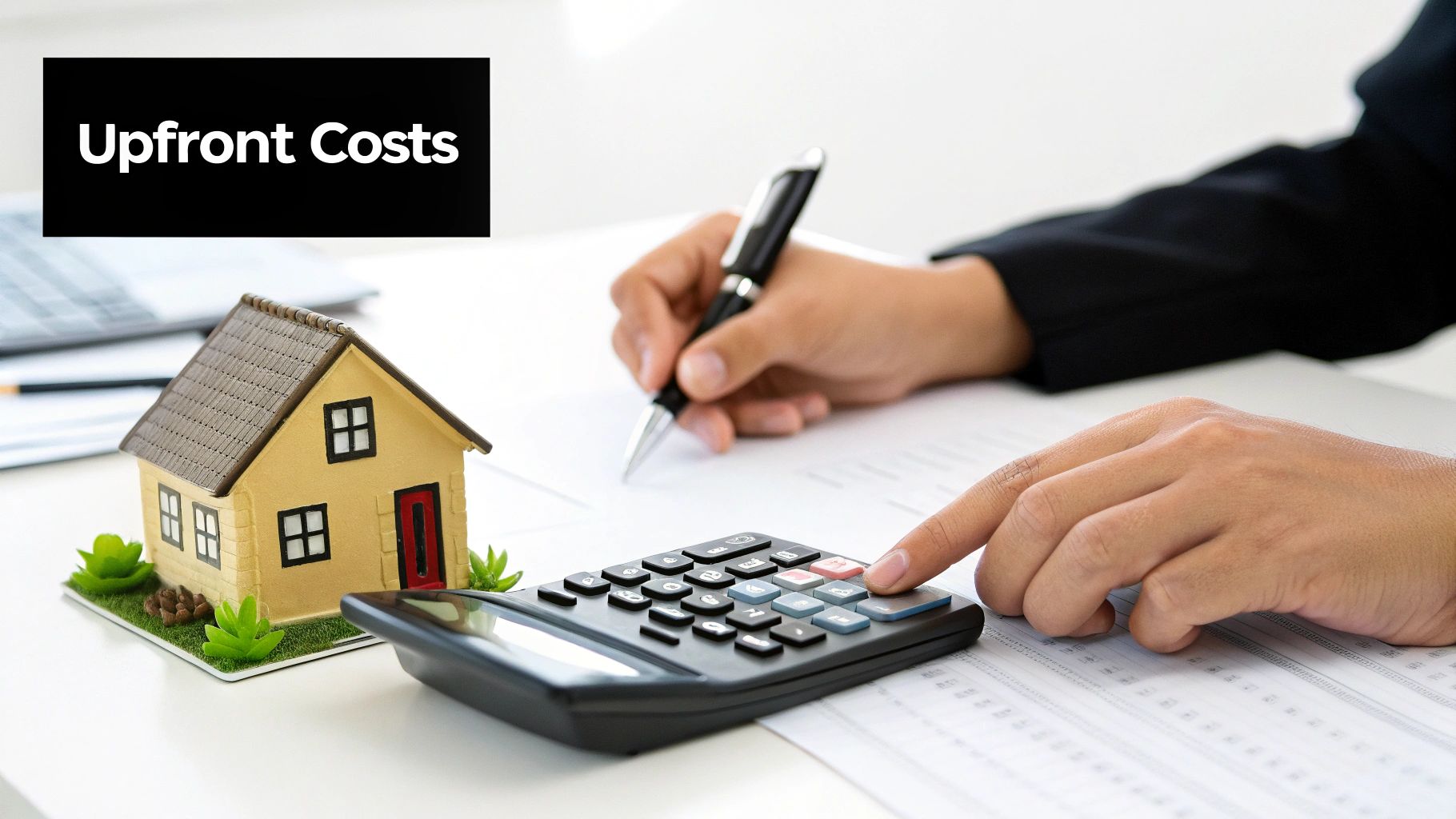 A person calculates upfront costs for a house with a calculator and pen, beside a miniature home.
