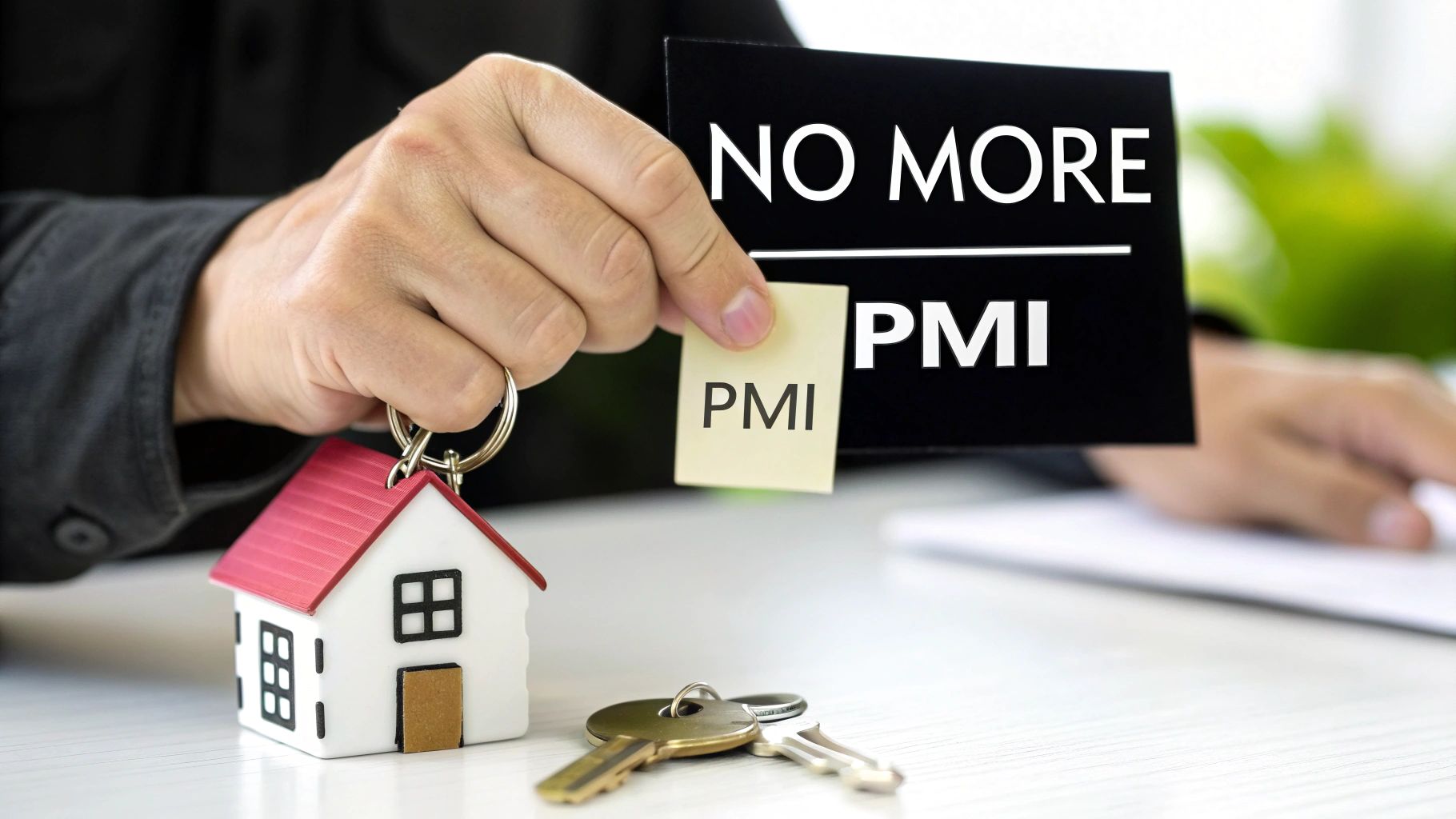 Close-up of a person holding a 'NO MORE PMI' sign, a house keychain, and keys on a white table.