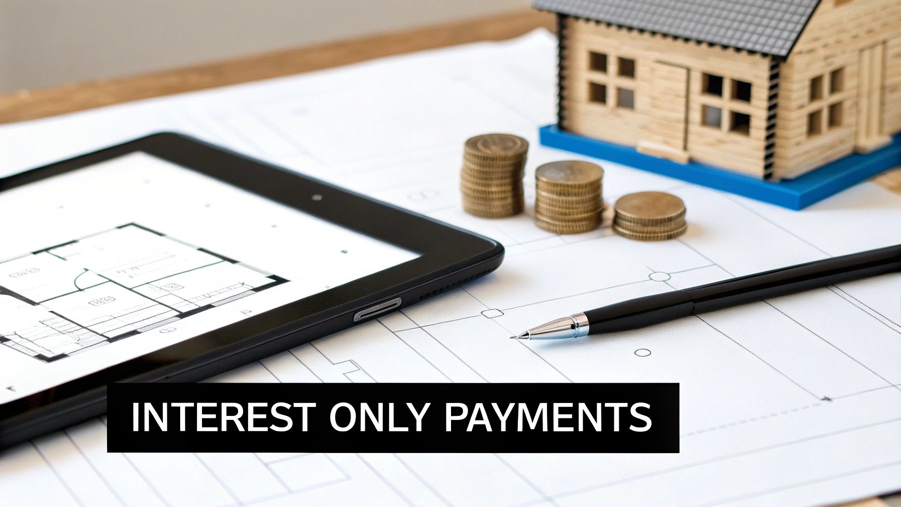 A tablet displaying a floor plan, coins, a house model, and a pen with 'Interest Only Payments' text.