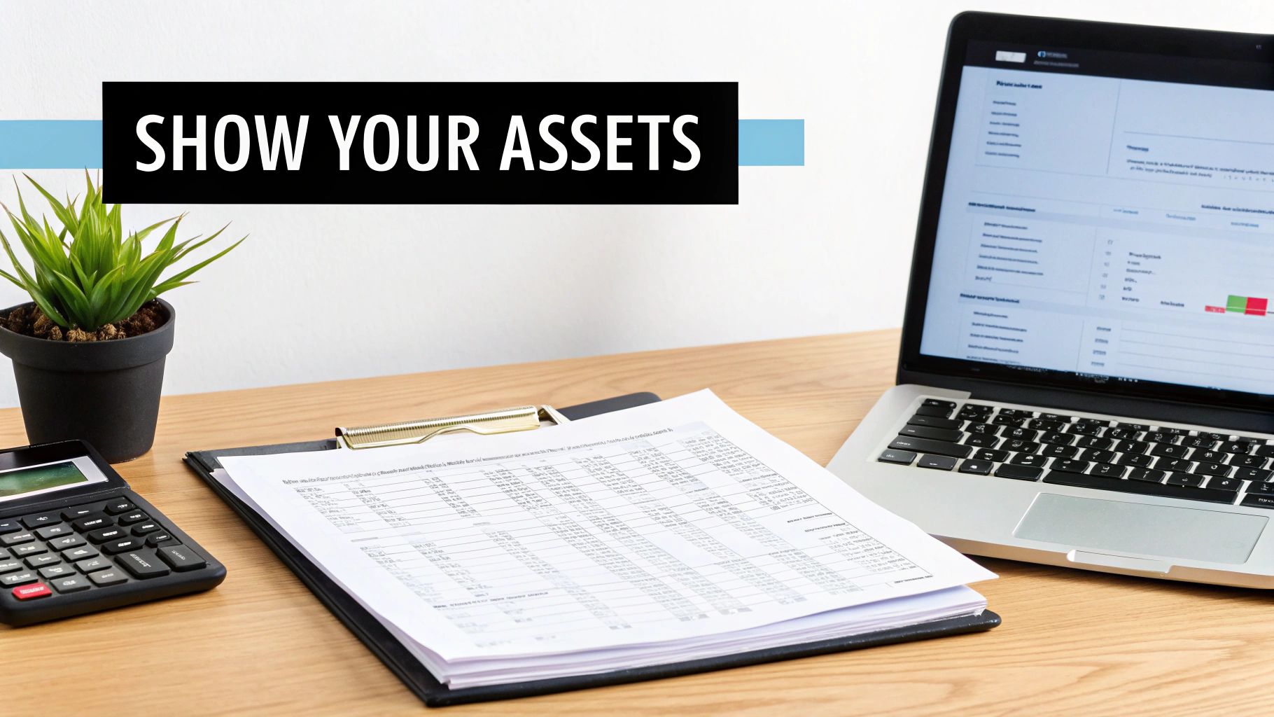 An office desk setup displaying financial assets on a laptop and paper, alongside a calculator.