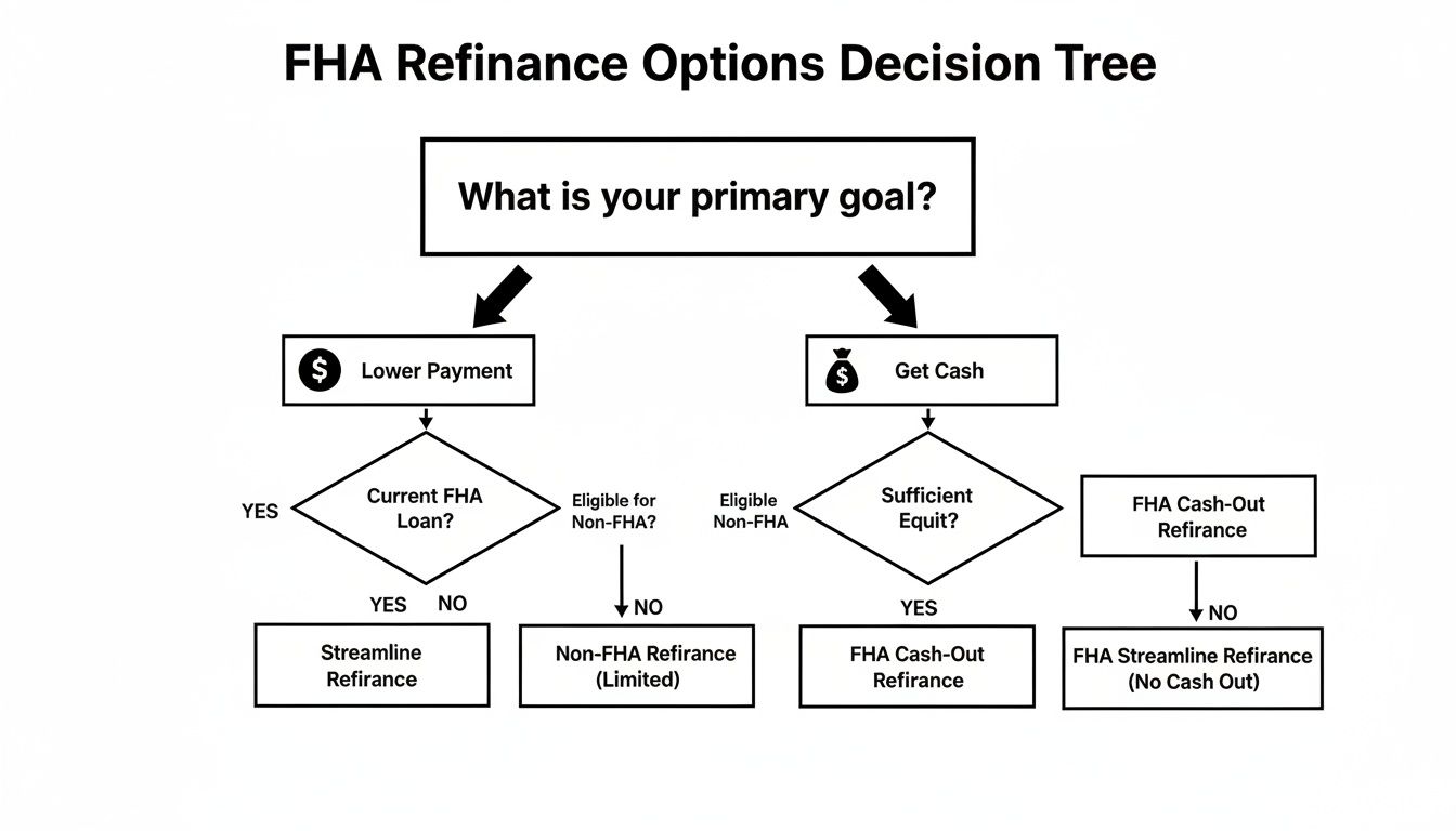 FHA Refinance Options Decision Tree flowchart guiding users to lower payments or get cash.