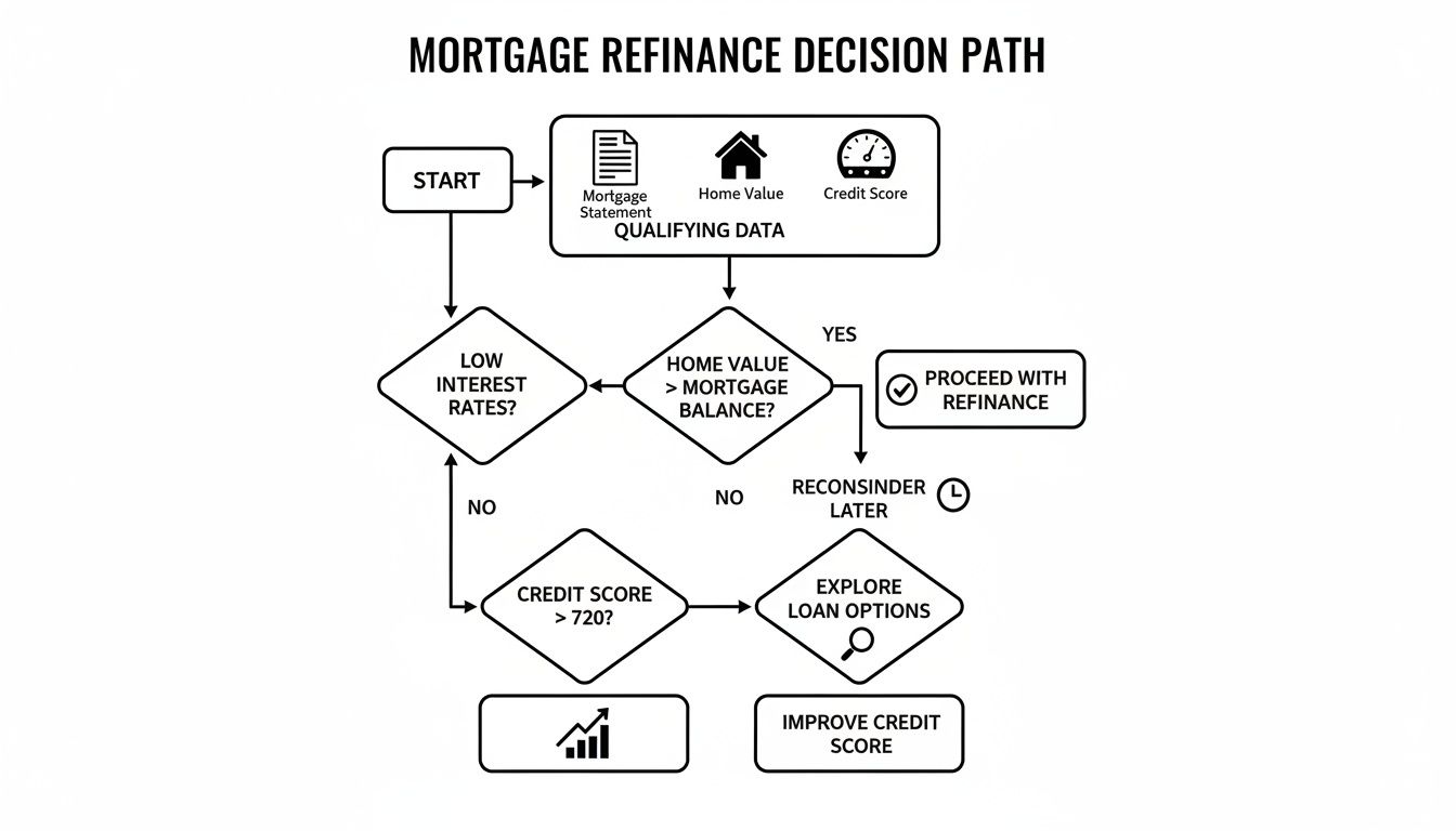 A decision path flowchart for mortgage refinancing, evaluating interest rates, home value, and credit score.