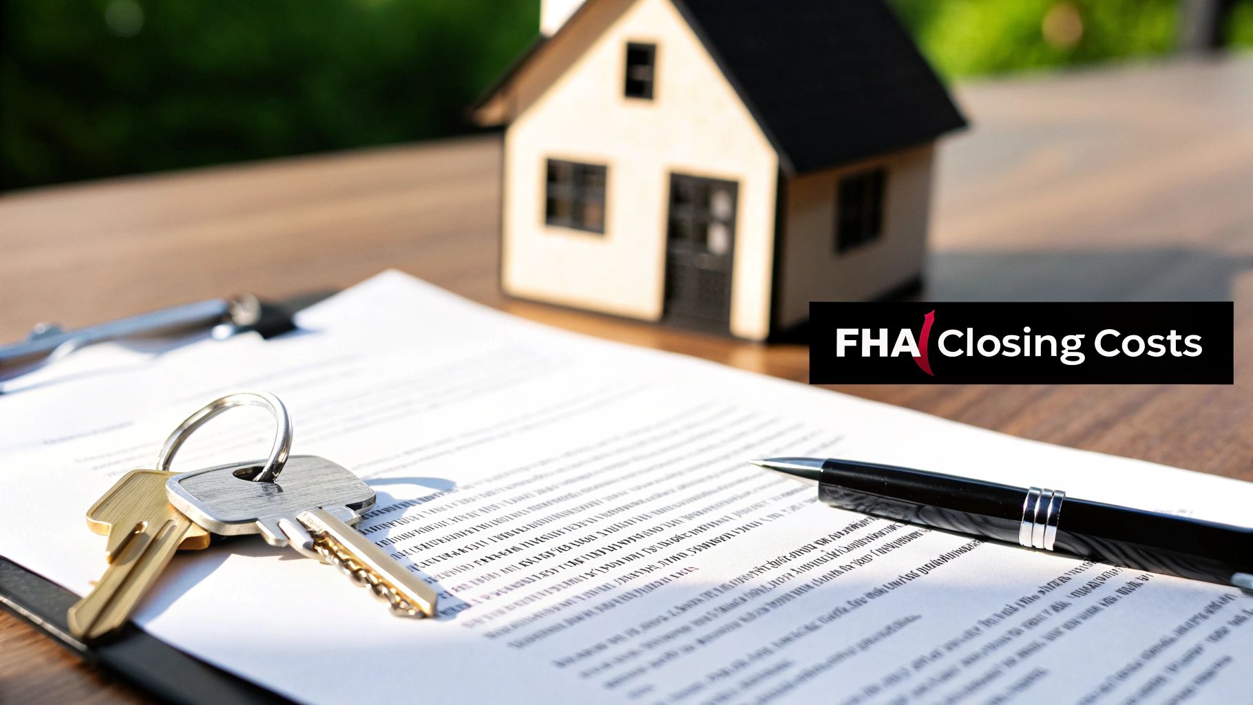 A miniature house model, house keys, and a pen on a contract document, with FHA Closing Costs text.