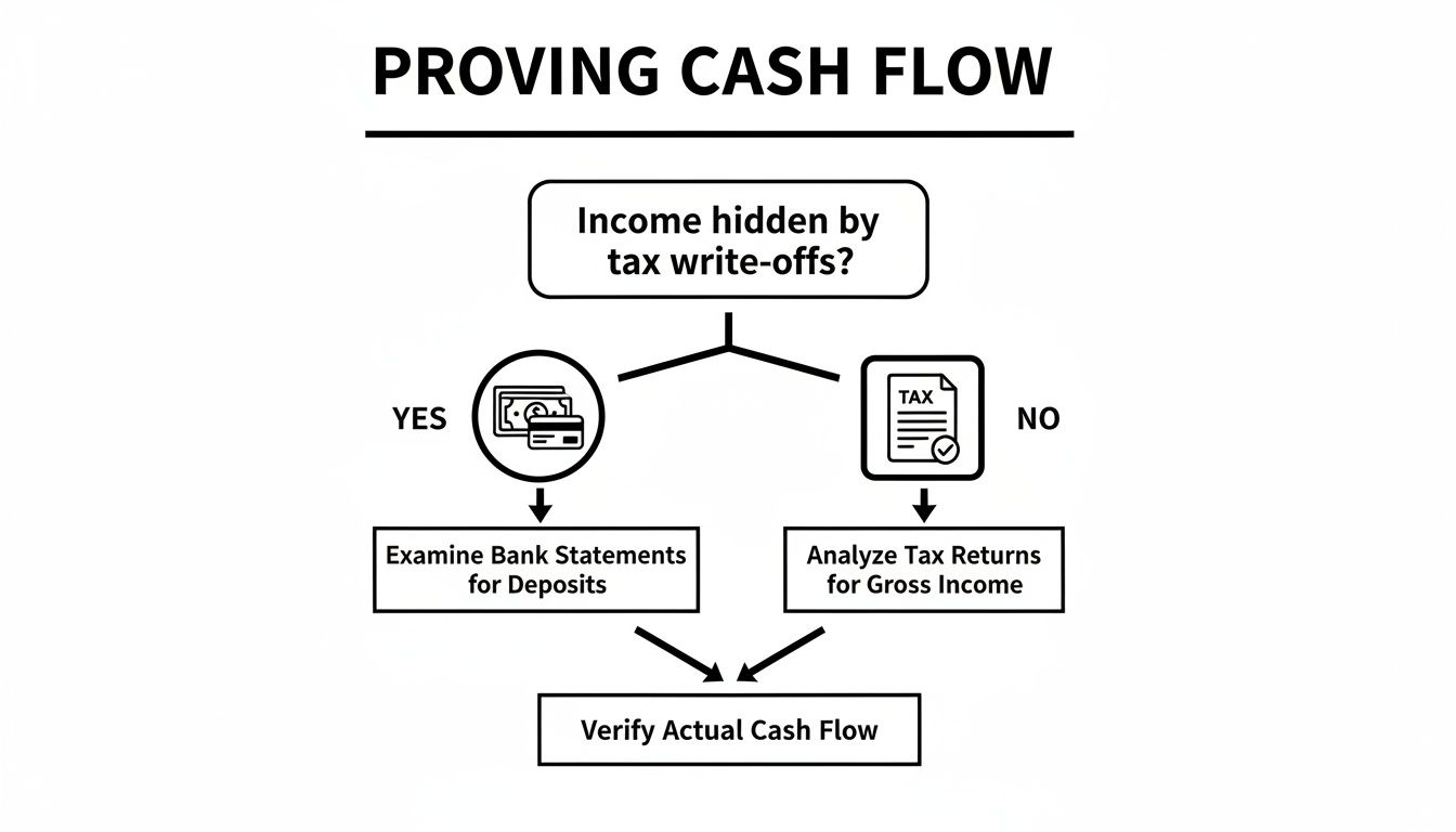 Flowchart demonstrating how to prove cash flow by examining bank statements or analyzing tax returns.