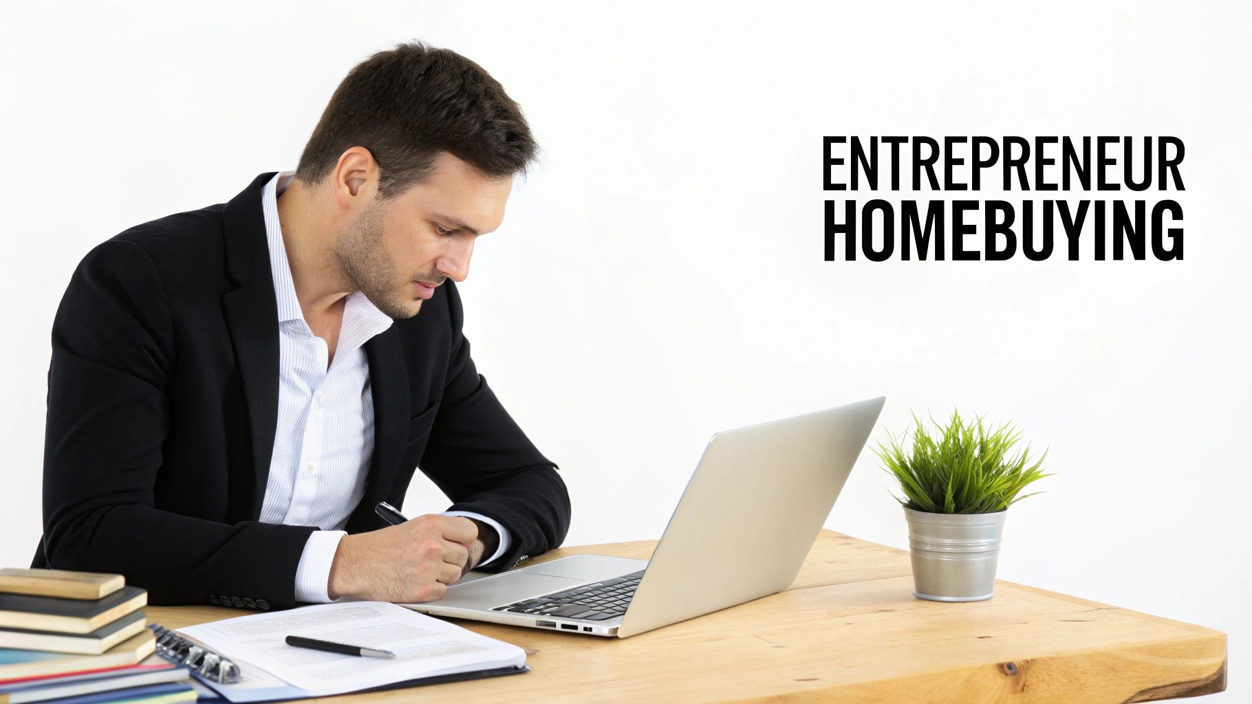 A focused man in a suit works at a desk with a laptop and documents, relevant to entrepreneur homebuying.