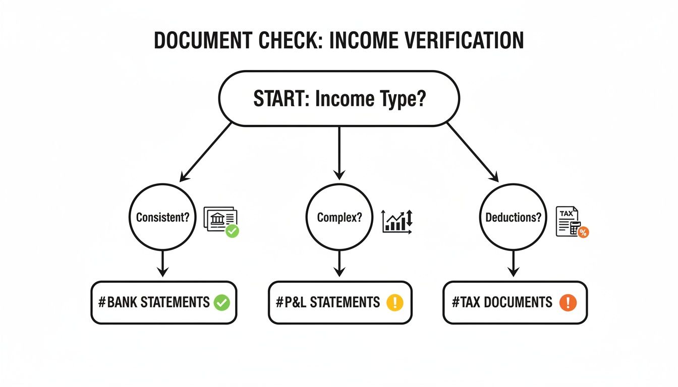 Flowchart detailing income verification process through document checks, distinguishing consistent, complex, and deductible income types.
