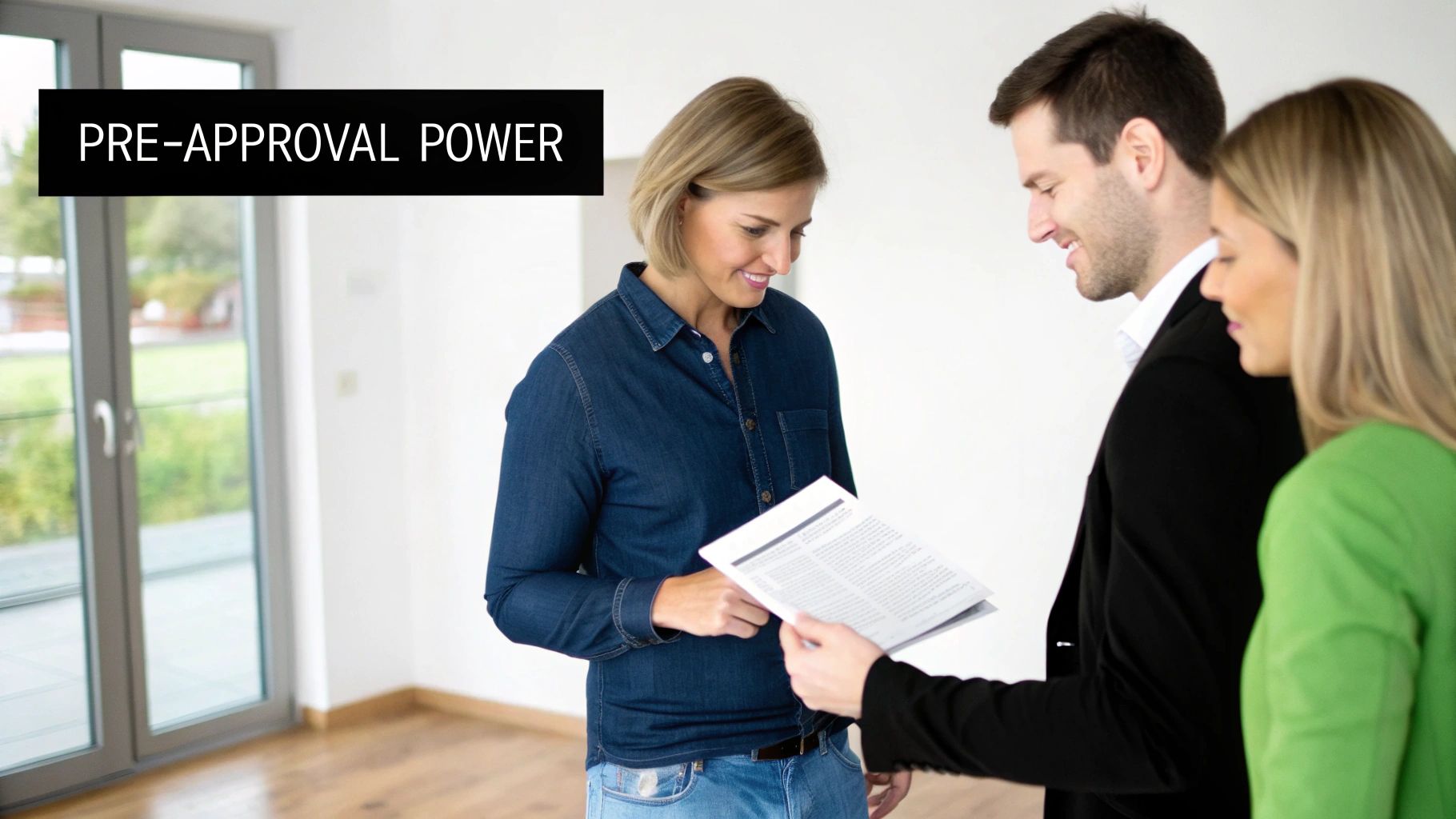 Real estate agent hands pre-approval documents to a smiling couple in a bright, empty house.