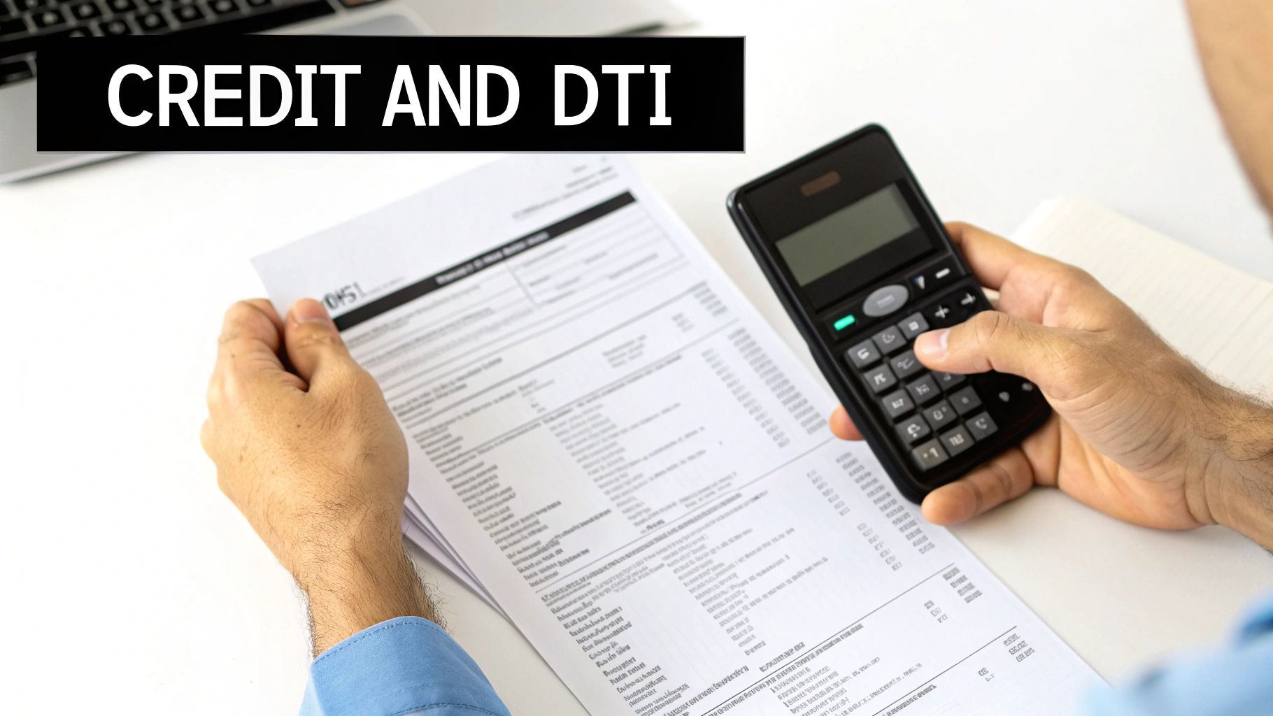 Hands holding financial documents and a calculator, reviewing credit and DTI ratios.