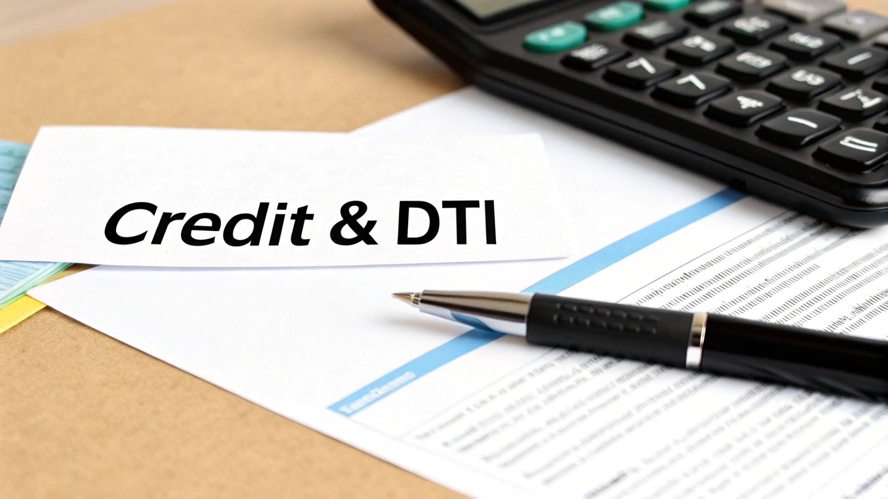 A white card with 'Credit & DTI' written on it, placed on a desk with a calculator, pen, and documents.